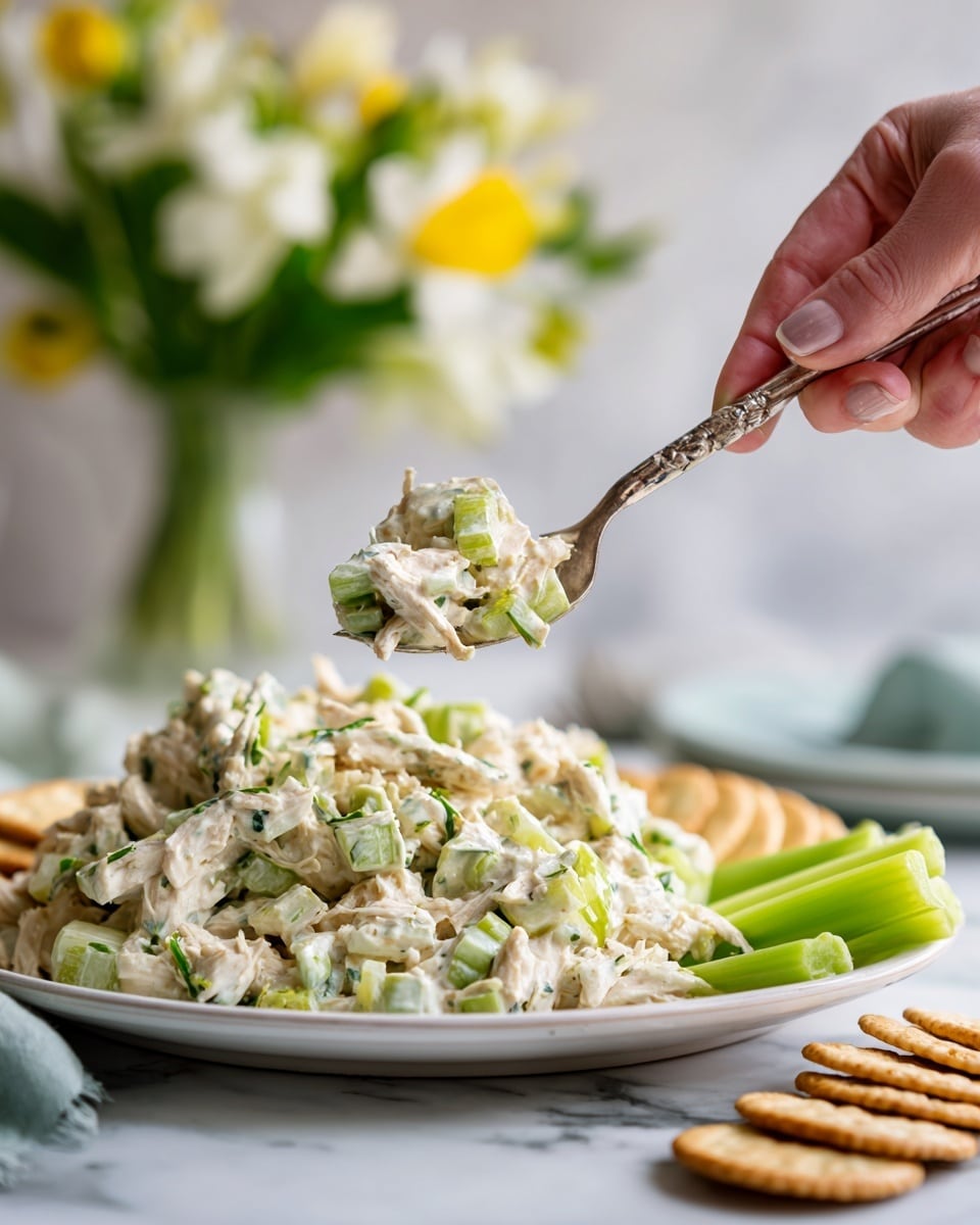 A silver spoon holds a scoop of creamy white chicken salad with visible pieces of shredded light beige chicken mixed with small green celery bits and herbs, hovering above a white plate filled with a large mound of the same chicken salad. The chicken salad is textured with soft, creamy layers combined with crunchy vegetable bits. On the plate, next to the chicken salad, there are a few fresh celery sticks, bright green in color. The plate sits on a light beige cloth over a white marbled surface, and there is a blurred background with soft yellow and white flowers in a glass jar, adding a cozy and fresh feel to the image. Photo taken with an iphone --ar 4:5 --v 7