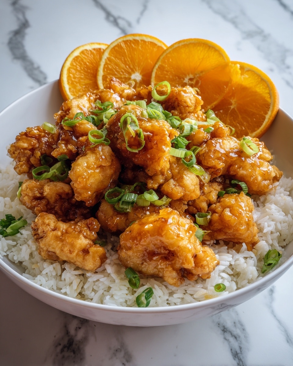 A white bowl filled with a base layer of cooked white rice, topped with many pieces of golden-brown fried chicken coated in a shiny orange sauce. The chicken pieces are piled high in the bowl, with small green onion slices sprinkled over them. Two orange slices are placed behind the bowl on a white marbled surface. The background has a wooden cutting board visible behind the bowl. Photo taken with an iphone --ar 4:5 --v 7