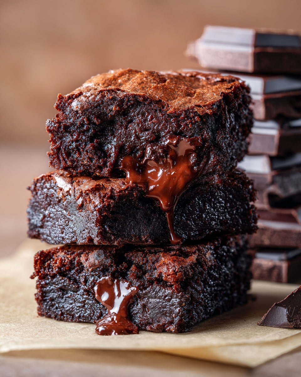 The image shows two pieces of dark brown chocolate brownies with cracked tops and a shiny, slightly rough texture. The brownies have thick, soft interiors visible from the edges, with melted chocolate oozing out of one piece. Behind the brownies, there are large blocks of dark chocolate, stacked and broken into chunks, resting on a flat surface. The entire scene is set on a white marbled texture that adds a clean, bright contrast to the deep brown colors of the brownies and chocolate blocks. photo taken with an iphone --ar 4:5 --v 7