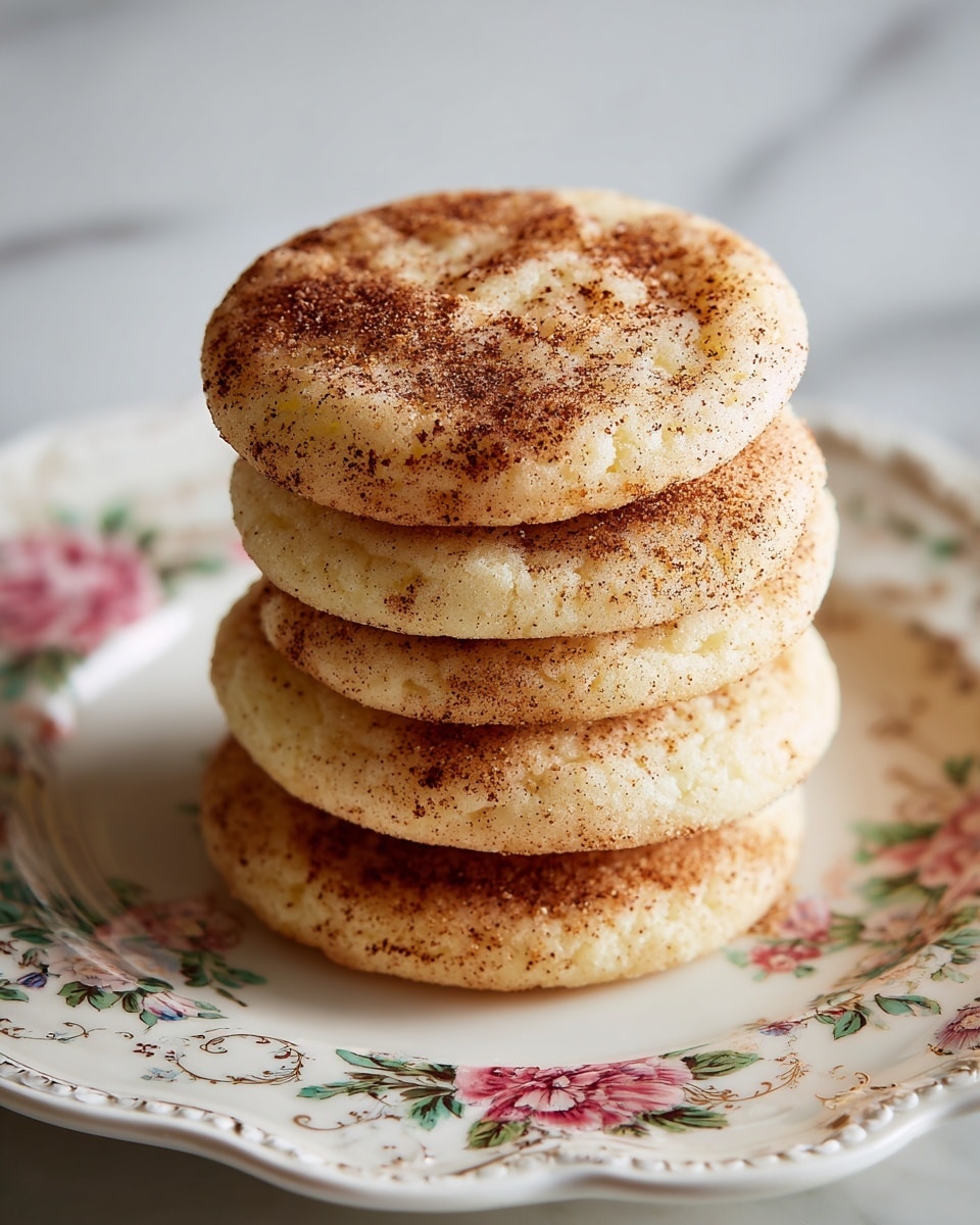 A stack of five round cookies with a light golden-brown color and a dusting of cinnamon sugar on top, each cookie showing a slightly cracked texture and soft edges, placed in the center of a white plate that has a raised floral pattern, all set against a white marbled surface. photo taken with an iphone --ar 4:5 --v 7