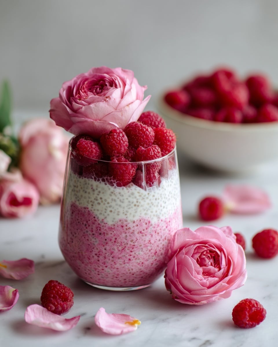 A glass cup shows three layers starting from the bottom with a thick, pink pudding filled with small chia seeds that give it a grainy texture, in the middle a smooth, white creamy layer, and on the top a pile of bright red raspberries covering the cream. Two pink roses, one large and one small, sit among the raspberries. Around the cup on a white marbled surface there are scattered raspberries and pink rose petals with one pink rose at the front. In the blurry background, a white bowl filled with more raspberries is visible. photo taken with an iphone --ar 4:5 --v 7