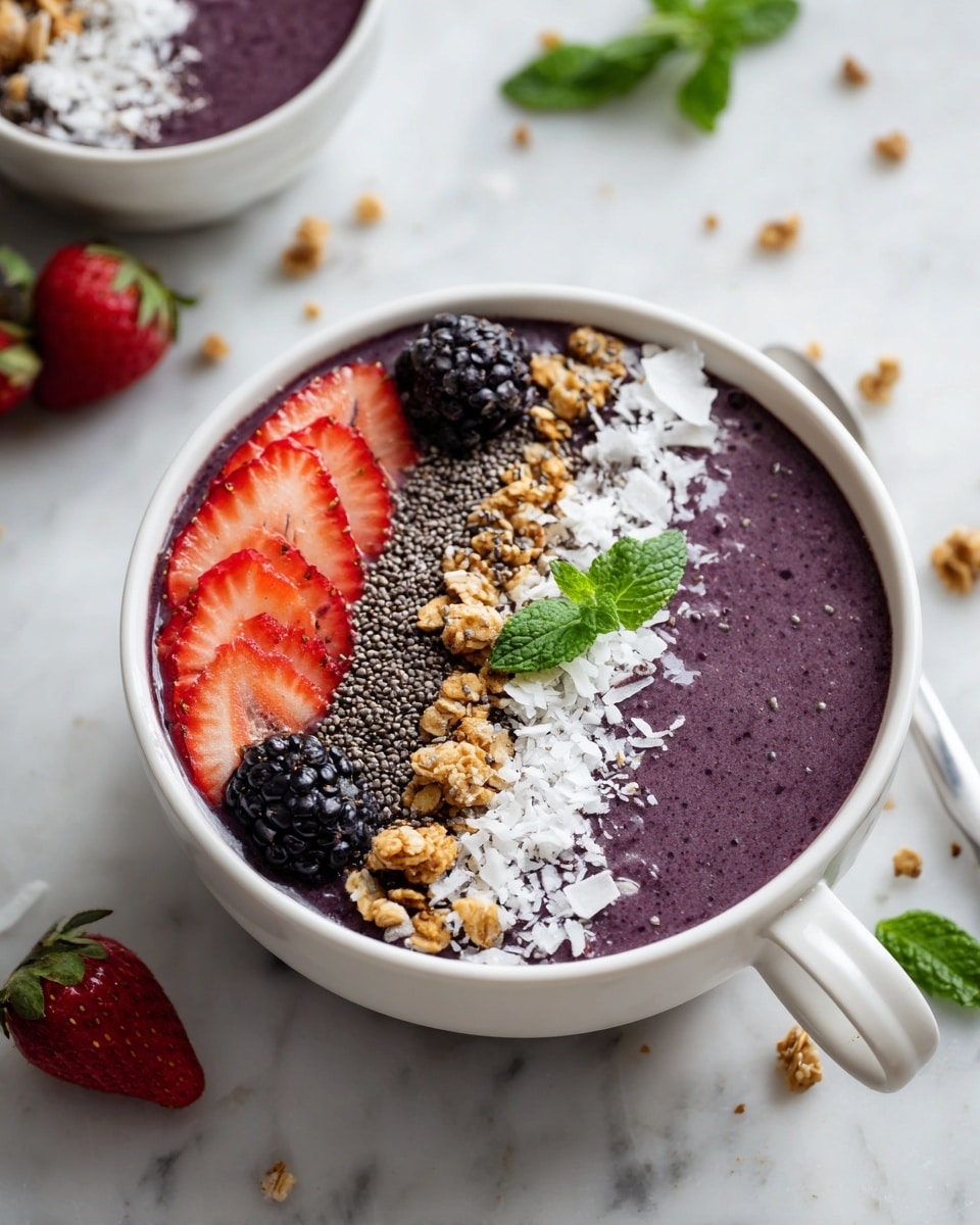 A smoothie bowl served in a white bowl filled with a thick, smooth, deep purple smoothie base. The top layer has a row of crunchy golden granola on the right, next to a strip of white shredded coconut, and a line of small black chia seeds in the middle. On the left side, there are three red strawberry slices with green tops, and in the bottom right corner, three blackberries with small green leaves are placed. There is also a small green mint leaf near the strawberries. The bowl sits on a white marbled surface scattered with loose chia seeds, blackberries, mint leaves, and strawberries. Photo taken with an iphone --ar 4:5 --v 7