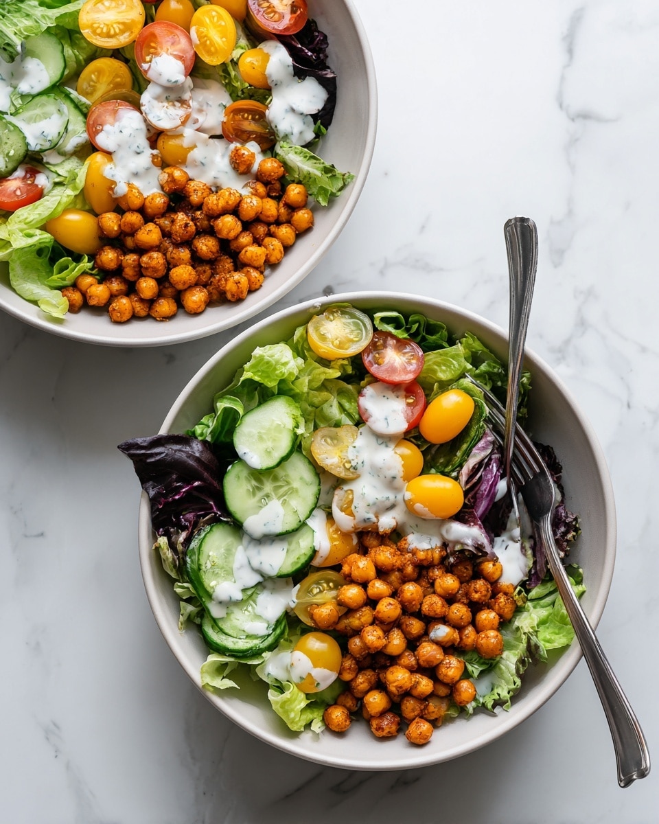 Two white bowls on a white marbled surface hold fresh mixed salads. The bottom layer is leafy green and purple lettuce with rough and soft textures. On top are sliced green cucumbers and yellow and red cherry tomatoes, cut into halves, showing juicy, smooth flesh. Roasted chickpeas in golden brown with a crispy texture are scattered generously over the salad. A light drizzle of creamy, white dressing is spread unevenly, adding moisture and shine to the ingredients. One bowl shows a silver fork resting inside, ready to eat. photo taken with an iphone --ar 4:5 --v 7