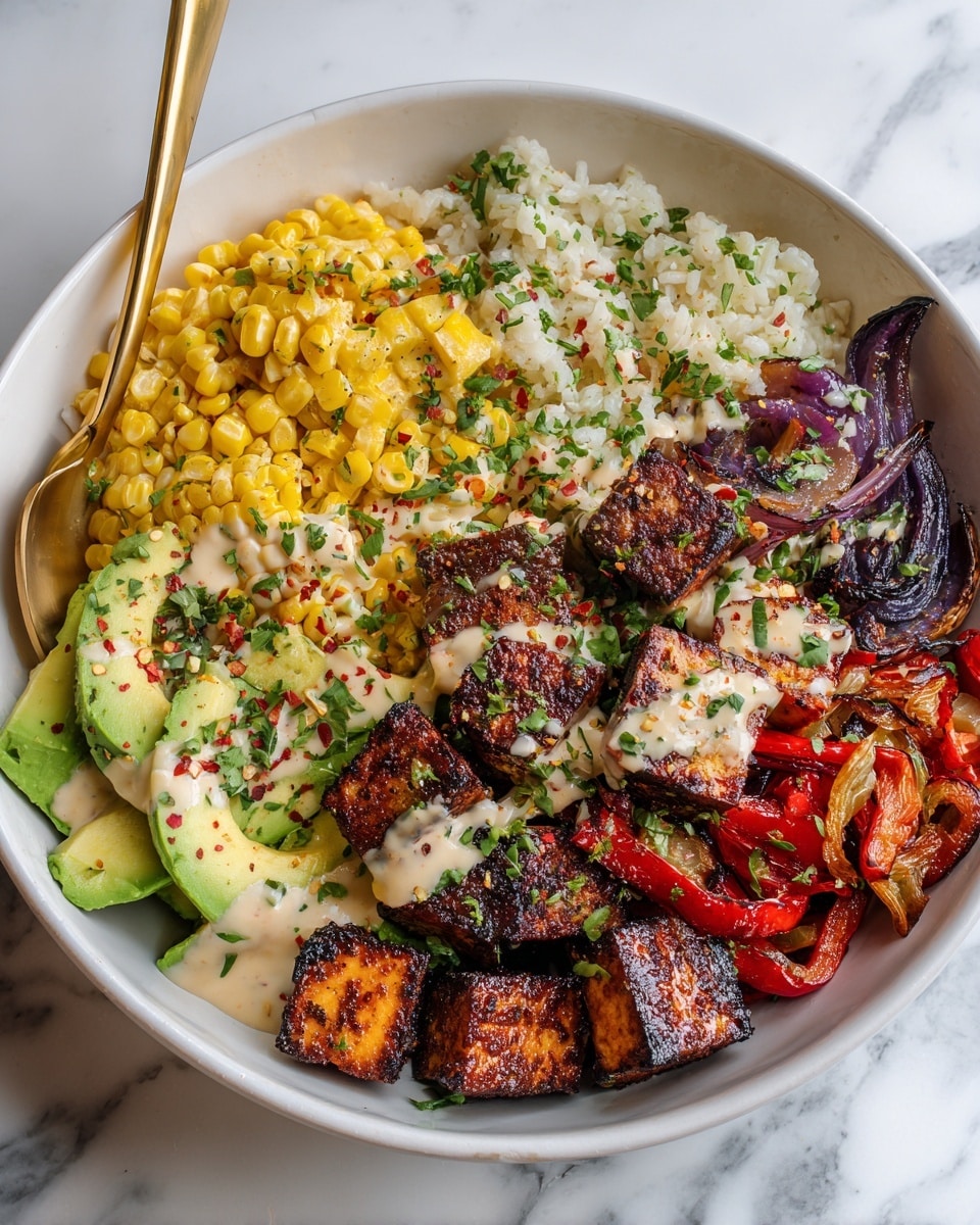 A white bowl contains four main layers: white rice on the right, yellow corn next to it in the top left, grilled red and purple bell peppers and onions in the bottom left, and grilled tofu cubes with dark brown char marks sitting mainly in the center and on top. The tofu cubes are drizzled with a light pink sauce and sprinkled with chopped green herbs and red chili flakes. Sliced light green avocado is placed in the bottom right corner on the rice. A gold fork rests partly inside the bowl on the left side. The bowl sits on a white marbled surface with some chopped green herbs scattered around, and a small white bowl with more chopped herbs is visible in the upper right corner. Photo taken with an iphone --ar 4:5 --v 7