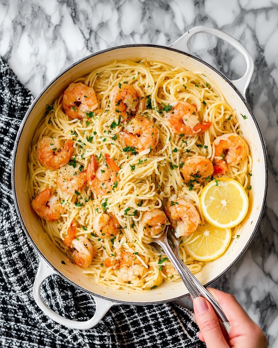A large light tan pot filled with thin light yellow noodles, mixed with pink shrimp that have red tips and some black pepper spots. There are some small light brown slices of garlic and green herb bits scattered on top. On the right side, there are three yellow lemon wedges placed around the noodles. Two silver forks are digging into the noodles and shrimp from the lower left and right edges of the pot. The pot rests on a white marbled surface with a gray and white checked cloth under the handle. Photo taken with an iphone --ar 4:5 --v 7