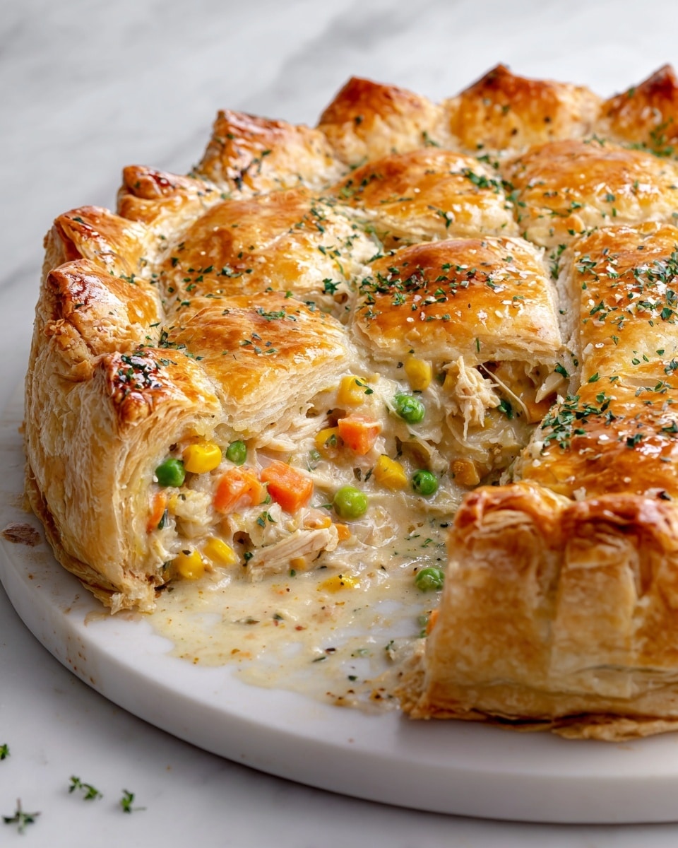 A round chicken pot pie with a golden, flaky top crust that is unevenly placed, revealing creamy filling beneath. The filling shows layers of white cream sauce mixed with small pieces of orange carrot, yellow corn, light green peas, and shredded light-colored chicken. The pie crust around the edge is thick and puffed up with a shiny, golden brown color, sitting in a white plate against a white marbled surface. Small green herb sprinkles are scattered over the filling, adding a fresh touch photo taken with an iphone --ar 4:5 --v 7