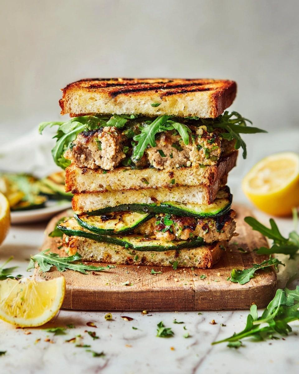 The image shows a sandwich cut in half and stacked. The sandwich has two layers of golden-brown bread with a soft, slightly crusty texture. Between the bread layers, there is a thick filling of cooked beef pieces mixed with herbs and spices, showing green and red flecks. There are fresh green leafy vegetables on top and below the beef, adding vibrant color and texture. Thin slices of grilled green zucchini are also layered inside the sandwich. The sandwich is placed on a wooden surface with some loose greens scattered nearby. A lemon half and fresh herbs are partially visible in the background, all set against a white marbled texture. Photo taken with an iphone --ar 4:5 --v 7