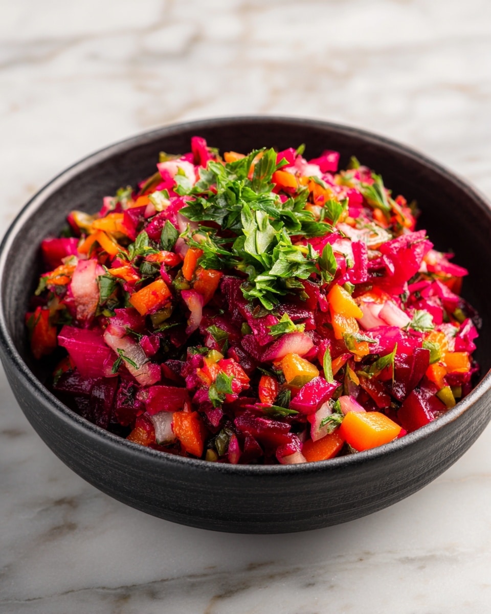 A close-up view of a white bowl filled with small, finely chopped pieces of bright pink, red, orange, and brown vegetables mixed together, creating a colorful mosaic. At the center of the bowl, there is a small green leaf garnish adding a fresh touch. A woman's hand is holding a black spoon that is partially sunk into the mixture on the right side of the bowl. The bowl is placed on a white marbled surface, enhancing the vibrant colors of the chopped vegetables. photo taken with an iphone --ar 4:5 --v 7