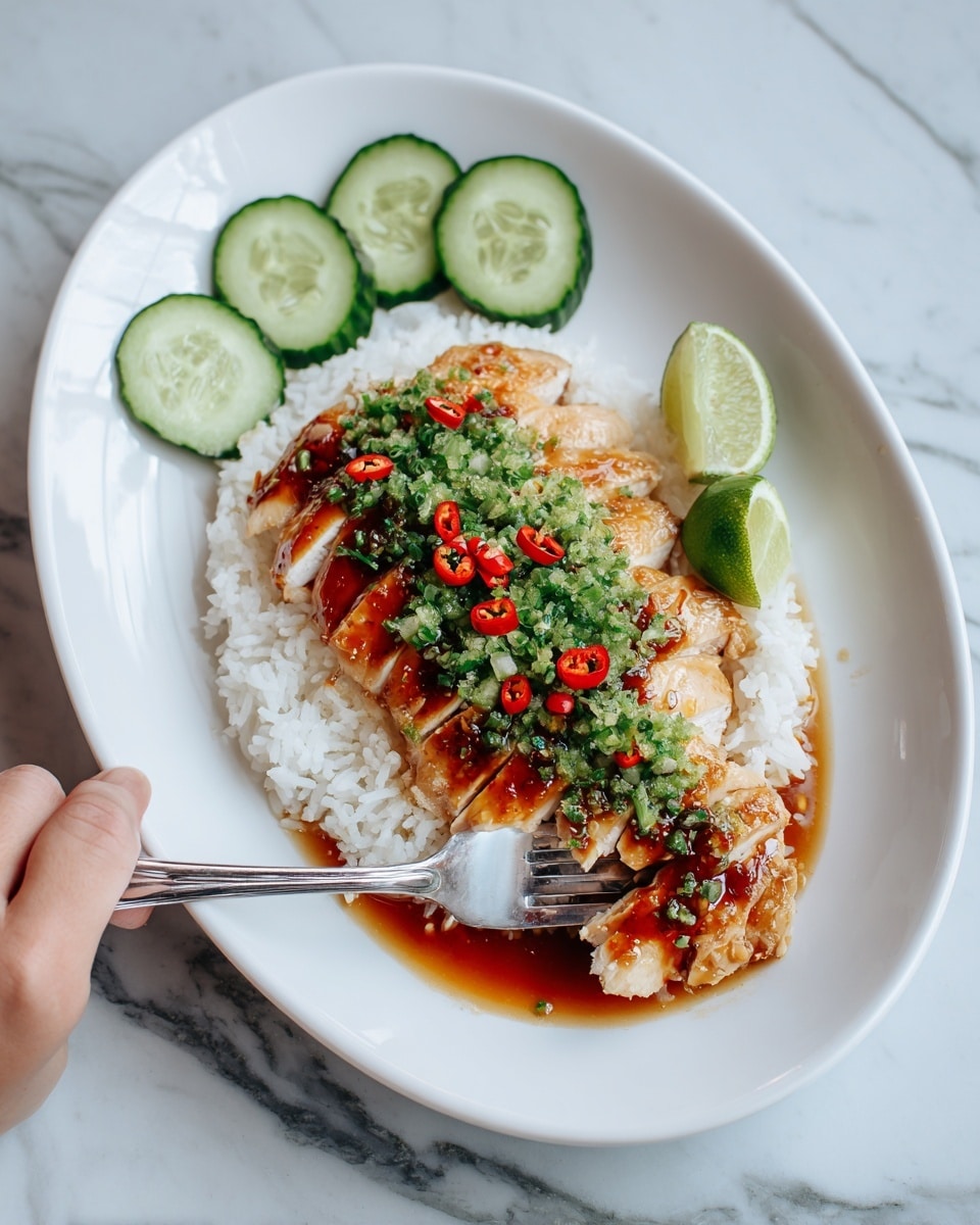 The dish in a white oval plate features a base layer of fluffy white rice taking up most of the plate. On top of the rice is a layer of sliced grilled chicken, browned and glazed with a shiny sauce, sprinkled with chopped green herbs and small red chili slices. To the top left of the chicken and rice are several fresh green cucumber slices placed neatly. A green lime wedge sits on the bottom right side of the plate, with another lime wedge near the top right. Sauce pools slightly under the chicken and rice. A woman's hand holds a fork picking up a piece of chicken on the right side of the plate. The background and surface show a white marbled texture photo taken with an iphone --ar 4:5 --v 7