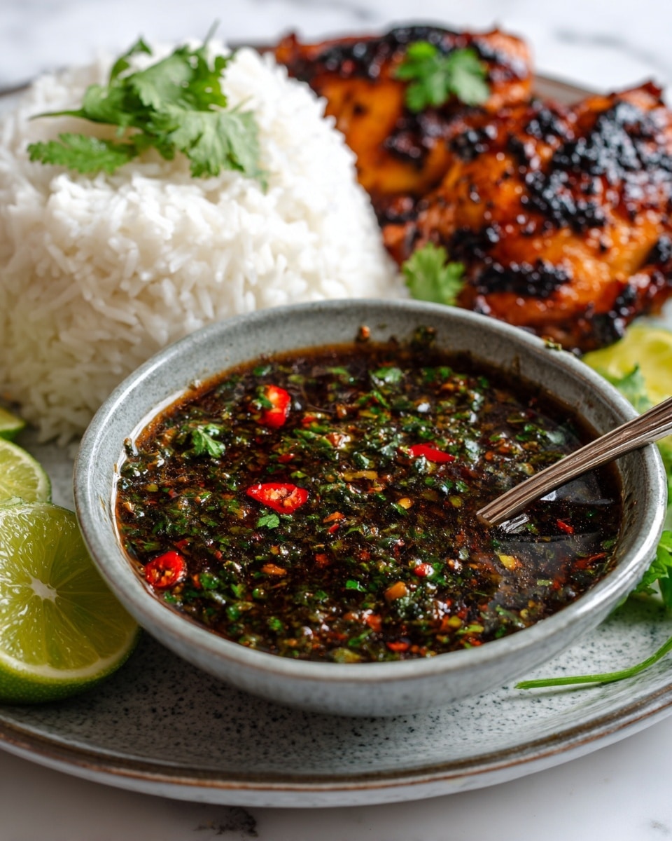 The image shows a close-up of a white bowl filled with a dark sauce that has small green herb pieces, red chili bits, and some seeds floating on top. A silver spoon resting inside the bowl holds some of the sauce. The bowl is placed on a bed of white rice that surrounds it. Behind the bowl and rice, there is a piece of cooked meat with a browned, textured surface, garnished with green cilantro leaves and small red chili slices. A lime wedge and some more cilantro are also visible next to the rice. The whole setup is on a white marbled surface. photo taken with an iphone --ar 4:5 --v 7