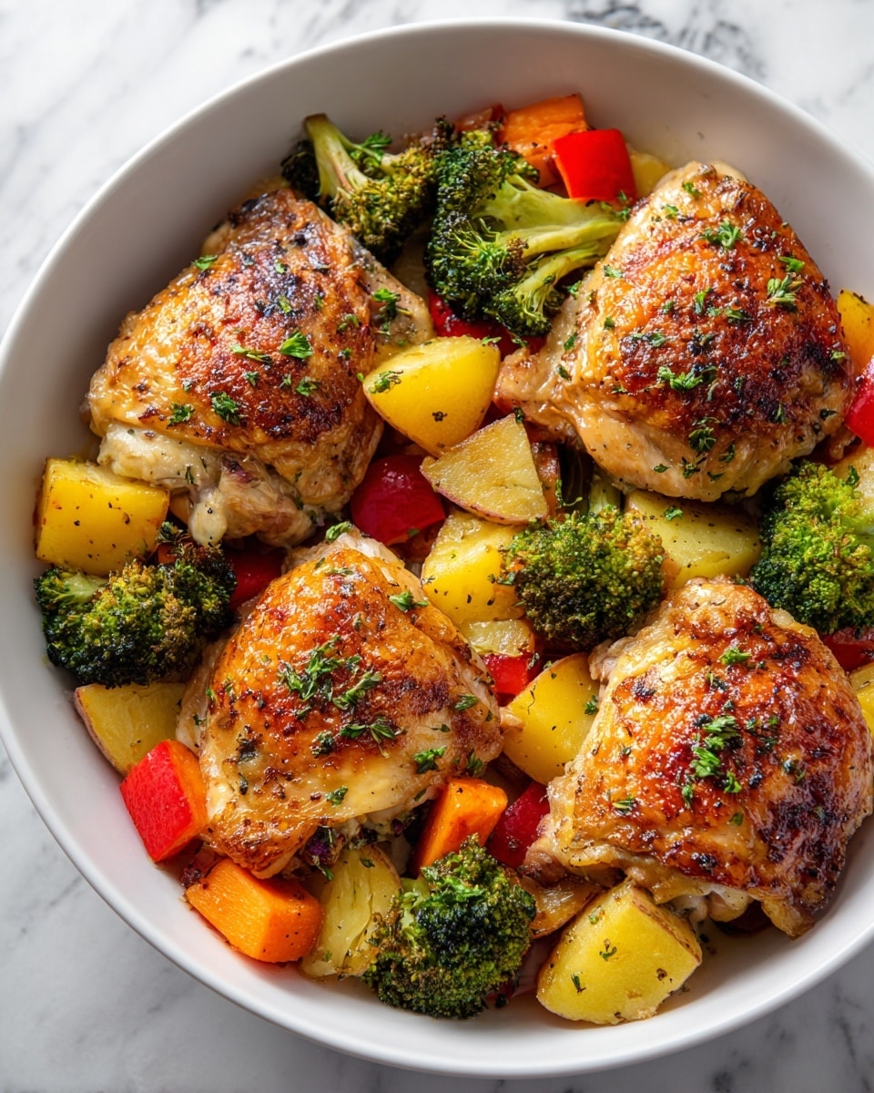 A white plate filled with five golden brown chicken pieces that have a slightly crispy skin showing small green herb bits on top. The chicken pieces are spread evenly on a bed of roasted vegetables, including bright green broccoli florets, orange carrot chunks, red and yellow bell pepper pieces, and light yellow round slices that look like potatoes. The vegetables have a slightly roasted texture with some charred edges. All the food layers sit on a wooden surface. photo taken with an iphone --ar 4:5 --v 7