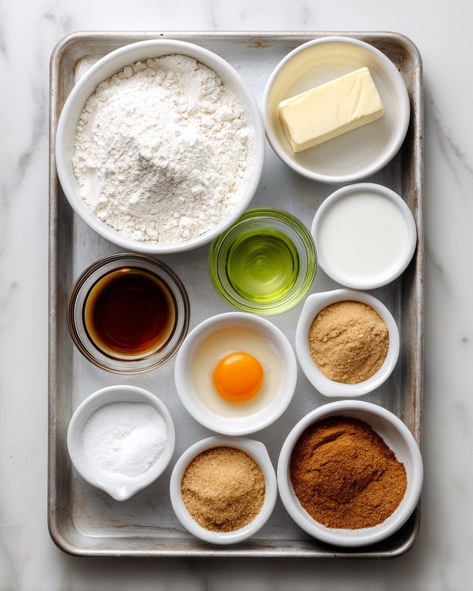 The image shows a metal baking tray holding nine small white bowls with different ingredients labeled on each: a large white bowl filled with white gluten-free flour in the upper left, a small white bowl of white baking powder and salt in the upper right, a white bowl with a stick of butter near the right edge, a white bowl with a dark amber vanilla liquid below the butter, a small glass bowl with light green oil in the middle right, a small glass bowl with white milk below the oil, a small glass bowl with light brown sugar in the lower left, a white bowl with a mixture of cinnamon sugar that looks tan with specks on the lower right, a small white bowl with cinnamon and nutmeg powder at the center, and a small white bowl holding a raw egg with an orange yolk and clear whites near the lower left center on the tray. The background under the tray is white marble. photo taken with an iphone --ar 4:5 --v 7