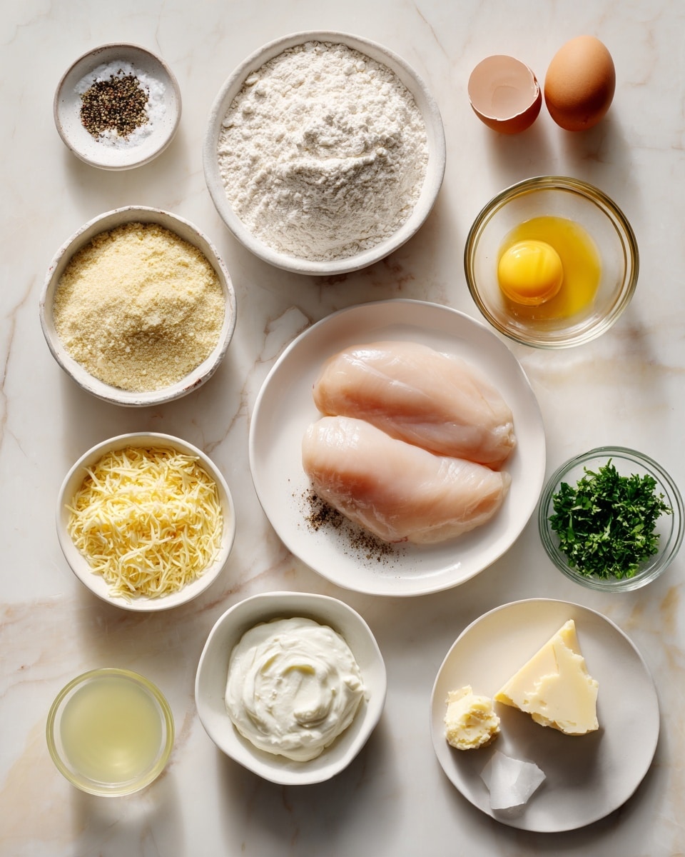 The image shows a white marbled surface with twelve small white bowls and plates arranged neatly. In the top row from left to right, there is a small white bowl with black pepper and salt, a white bowl filled with white flour, a clear glass bowl with two brown eggs and one yolk partially separated, and a white bowl filled with light yellow breadcrumbs. Below them, there is a white plate with two raw light pink chicken breasts, a pinched pile of ground black pepper and salt on the surface, a small white bowl with shredded yellow cheese, a small white plate with a small piece of light yellow butter, a small clear glass bowl with light yellow clear liquid, a small clear glass bowl with white creamy sour cream, a small white bowl with bright green chopped parsley, and a small white plate with a triangular piece of hard pale yellow cheese. photo taken with an iphone --ar 4:5 --v 7