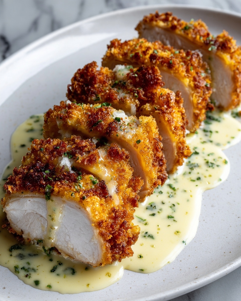 A white plate holds a sliced, golden brown breaded chicken with a crispy texture, arranged in a fan shape with four visible pieces showing the moist white inside. The chicken sits on a creamy light yellow sauce that spreads under and around it, garnished with small green herb flakes scattered on top and in the sauce. The plate is on a white marbled surface. Photo taken with an iphone --ar 4:5 --v 7