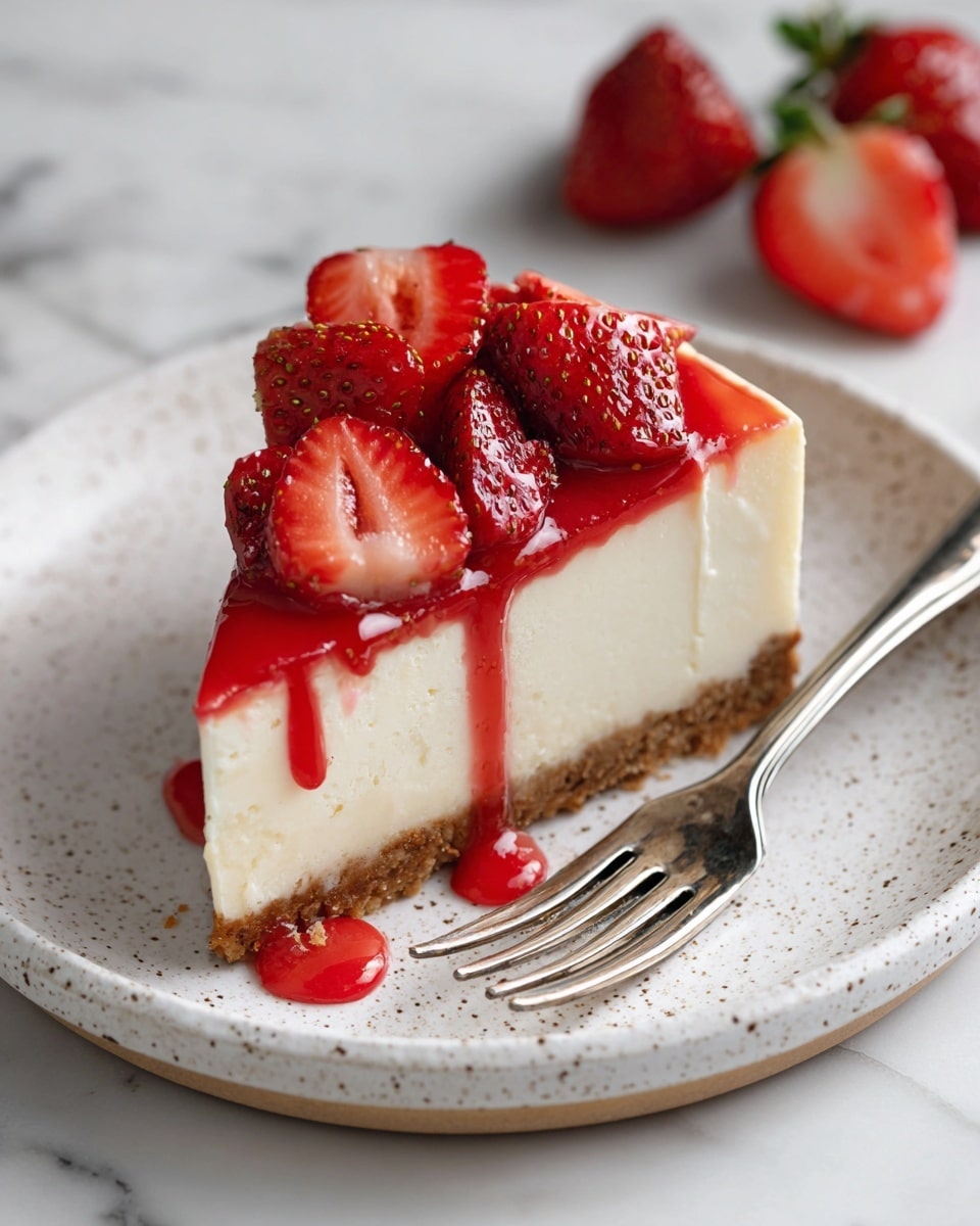 A slice of cheesecake on a speckled white plate shows three clear layers: a light brown crumbly base at the bottom, a thick creamy white cheesecake layer in the middle, and a bright red strawberry topping with a glossy strawberry sauce dripping down the sides. On the plate next to the cheesecake are two fresh strawberry halves, one with the green leafy top still attached. A silver fork rests diagonally on the plate. The plate is set on a white marbled surface. photo taken with an iphone --ar 4:5 --v 7