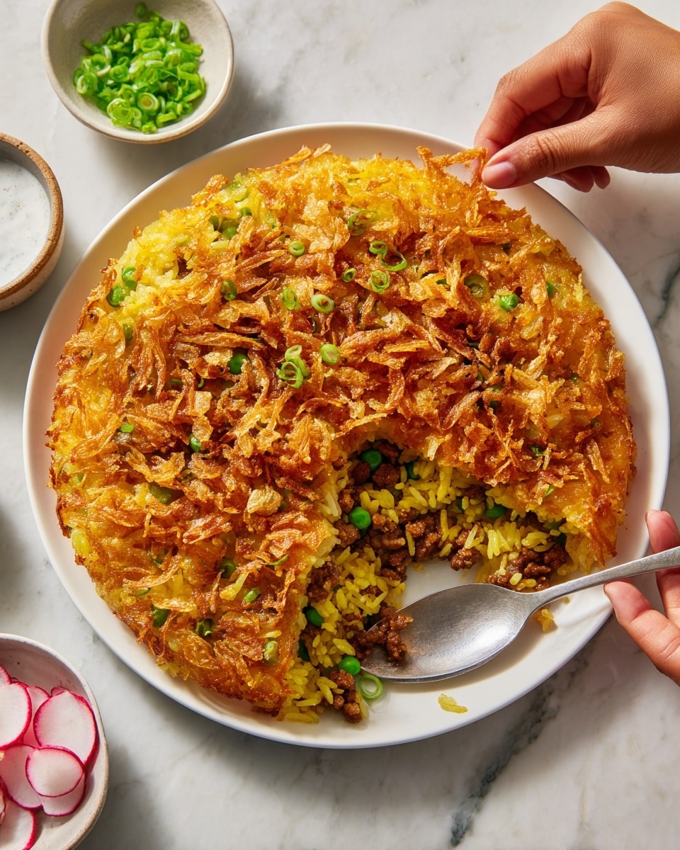 A close-up view of a blue plate filled with a layered rice dish featuring a yellow, fluffy rice mixed with green beans and small bits of brown ground meat underneath a top golden crispy crust layer with intricate texture. A metal spoon is partially digging into the rice near the top center of the dish. In the background, there is a white marbled surface with a woman's hand holding a bowl filled with sliced red radishes on the upper right and part of a bowl with white sauce on the lower left. A blue textured cloth is placed under the plate. photo taken with an iphone --ar 4:5 --v 7