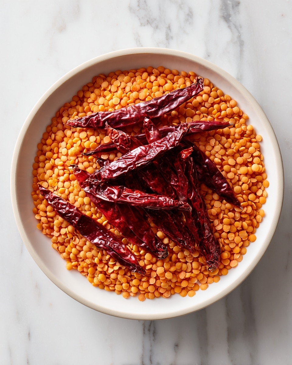 A white bowl with a smooth texture holds a layer of orange lentils scattered evenly at the bottom. On top of the lentils, there are several whole dried red chilies placed in an irregular pattern. The chilies have a wrinkled texture and deep red color, contrasting with the small round lentils. The bowl is set on a white marbled surface, creating a clean and simple look. photo taken with an iphone --ar 4:5 --v 7