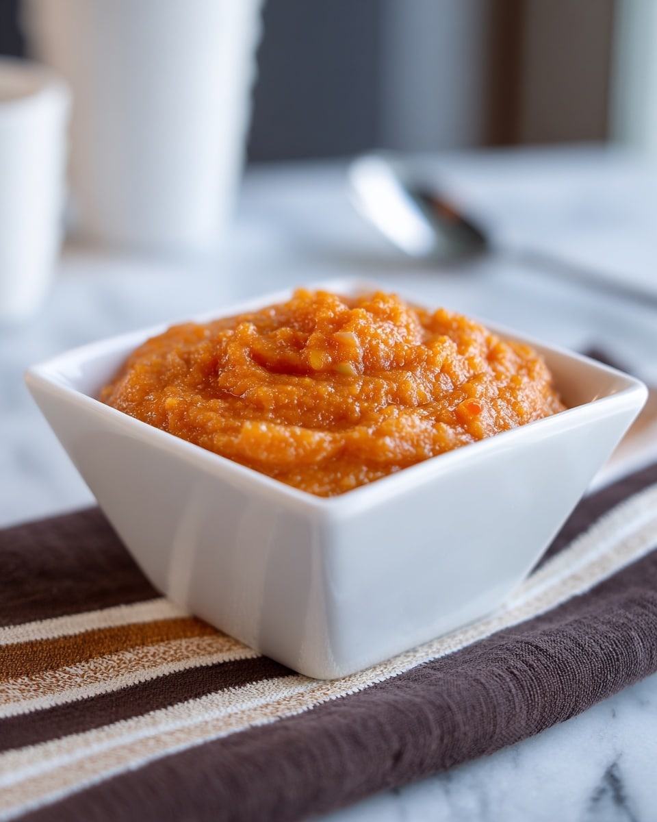 The image shows a small white square bowl filled with a thick, orange-brown paste that has a slightly chunky texture. The bowl is placed on a dark brown textured towel with thin beige and white stripes. The background surface is a white marbled texture with a soft focus, giving a clean and simple look. Photo taken with an iphone --ar 4:5 --v 7