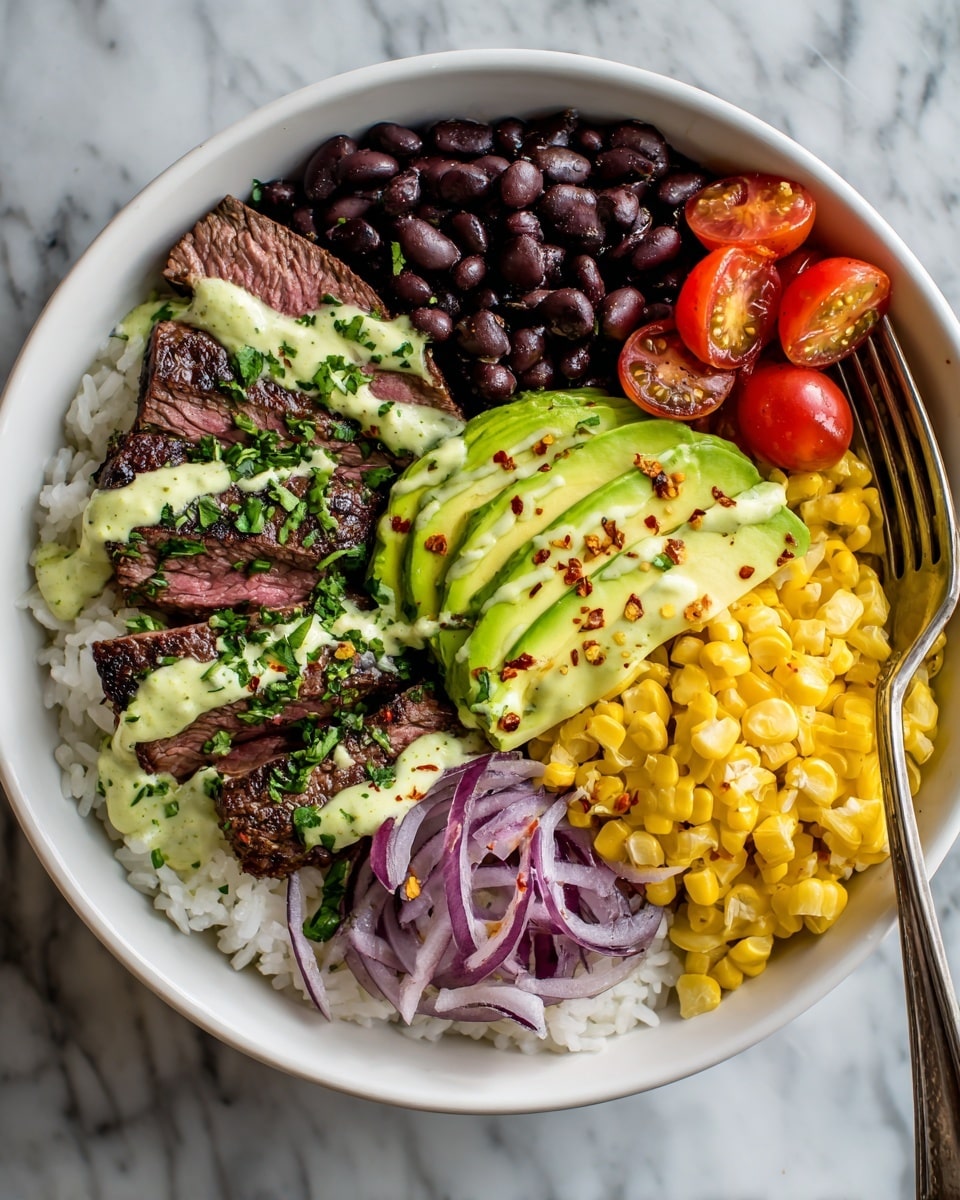 A bowl with five layers shows a bed of white rice at the bottom. On top, sliced grilled steak with a dark seared surface sits on the left side, garnished with green chopped herbs. Next to the steak is a layer of dark black beans. To the right, there is a bright yellow corn layer, and above the beans and corn, there are halved cherry tomatoes and thin slices of red onion. On the right center, there is a neatly sliced avocado fan in a light green color. The whole bowl is drizzled with a light green creamy sauce and sprinkled with red chili flakes. The bowl is white and sits on a wooden board with a white marbled surface beneath. photo taken with an iphone --ar 4:5 --v 7