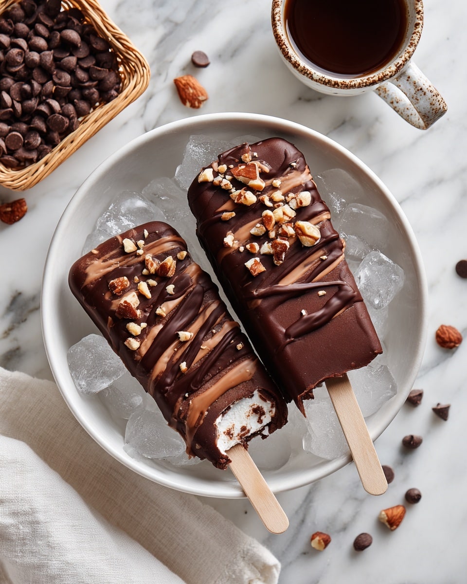 Two chocolate-covered ice cream bars lie in a white bowl over ice pieces, with one bar having a bite taken out of the top corner. The ice cream bars are smooth and shiny dark brown with thin milk chocolate drizzle across the top and sprinkled with chopped nuts. The visible stick is light brown wood. Around the bowl, there are coffee beans in a white ceramic dish and a cup of coffee, all placed on a white marbled surface with a piece of a white cloth nearby. Photo taken with an iphone --ar 4:5 --v 7