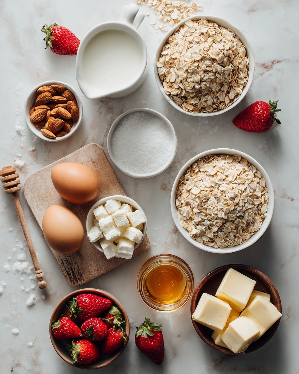 The image shows a variety of ingredients neatly arranged on a white marbled surface. In the center, there is a small wooden board holding four brown eggs and a small white bowl with white cheese cubes. To the right, a larger white bowl is filled with light beige rolled oats, and near it, another smaller white bowl contains granulated white sugar. A small white bowl with almonds is placed next to the cheese, while a glass jar with honey and a wooden honey dipper lay nearby. On the left, a white cup holds white milk. There are bright red strawberries scattered around, with some in a brown bowl at the bottom center. Small pieces of butter are in a white bowl toward the bottom right. The overall color palette shows natural browns, whites, and reds on the white marbled background, lit softly. Photo taken with an iphone --ar 4:5 --v 7