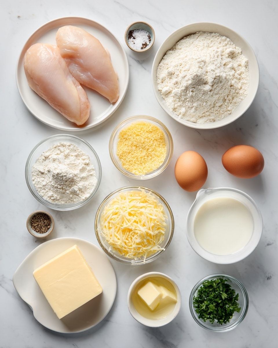 The image shows a neat arrangement of cooking ingredients on a white marbled surface. Starting from the left, there are two raw chicken breasts on a white plate. Above this, a small white bowl holds salt and black pepper. Next to this is a larger white bowl filled with white flour. Two brown eggs and an eggshell with a yolk sit in a clear glass bowl. Beside it, a glass bowl contains fine yellow breadcrumbs. In the middle row, from left to right, there is a small pile of ground black pepper on the surface, a small white bowl with shredded yellow cheese, a glass cup with thick white cream, and a piece of pale yellow cheese on a small white plate. On the bottom row, there is a small white plate with a cube of light yellow butter, a small clear glass cup with pale yellow oil, and lastly, a small white bowl filled with fresh green chopped parsley. The setup is clean and bright, perfect for cooking preparation photo taken with an iphone --ar 4:5 --v 7