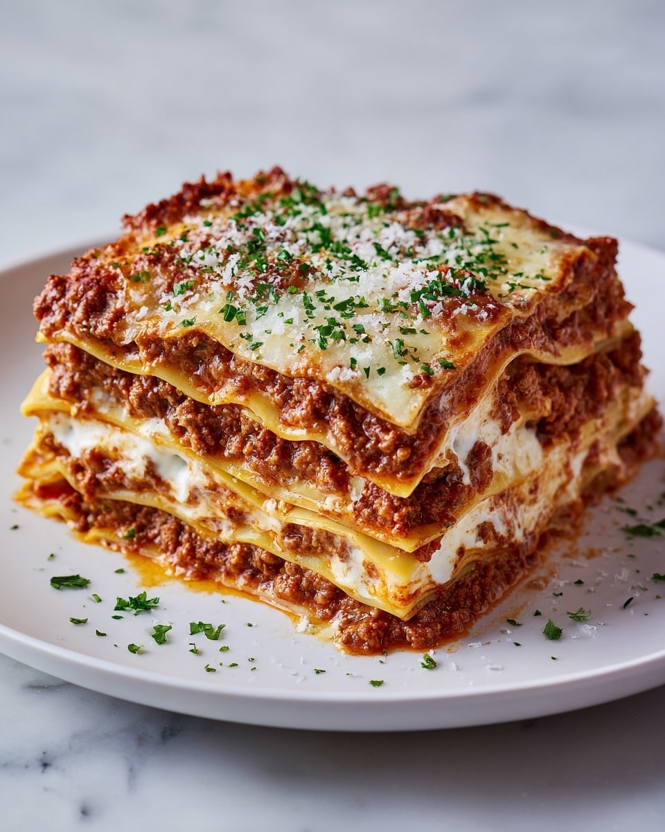 A square piece of lasagna is served on a white plate on a white marbled surface. The lasagna has four visible layers of flat, light yellow pasta sheets separated by thick layers of brown meat sauce mixed with melted white cheese. The top layer is covered with more browned melted cheese and red tomato sauce with small green herb sprinkles, giving it a fresh look. Some of the sauce and cheese spill slightly over the edges. The light shines on the lasagna making it look warm and tasty. photo taken with an iphone --ar 4:5 --v 7
