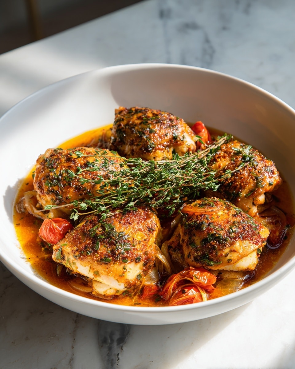 A white bowl holds five browned, crispy pieces of cooked chicken layered on top of each other, each covered with green herbs and bits of cooked spinach. The chicken sits in a thin, orange-brown sauce that also contains translucent cooked onion slices and small red tomato pieces. Fresh green herb sprigs are scattered on the top, adding a touch of brightness. The bowl is placed on a white marbled surface near a softly lit window. photo taken with an iphone --ar 4:5 --v 7