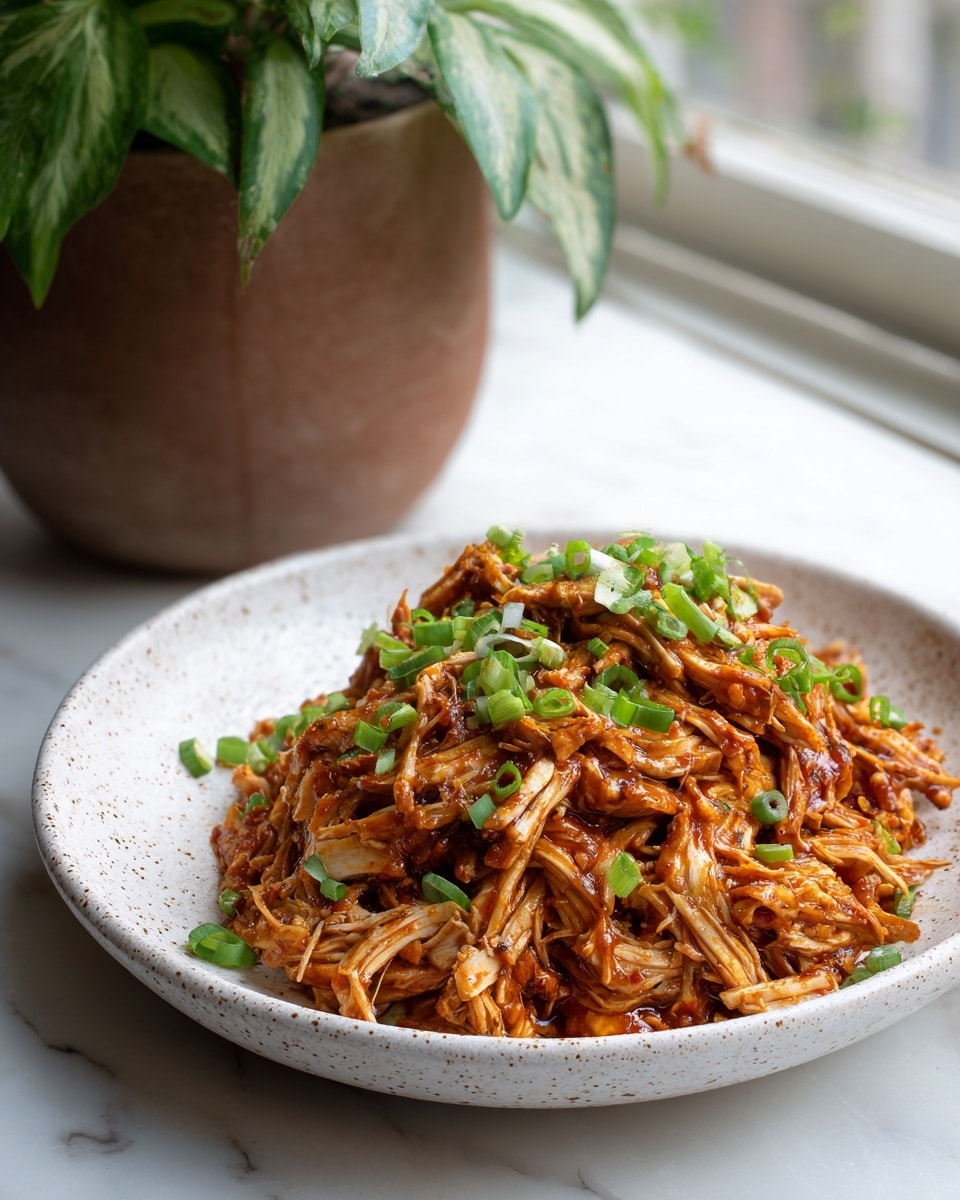 A mound of shredded orange-brown cooked chicken is piled high on a white speckled plate, covered with finely chopped green onions that add a fresh pop of color on top. The chicken looks juicy and coated in a rich sauce with some dark, caramelized bits visible throughout. The plate sits on a white marbled surface with soft natural light coming from a nearby window in the background, creating a cozy and inviting scene. Photo taken with an iphone --ar 4:5 --v 7