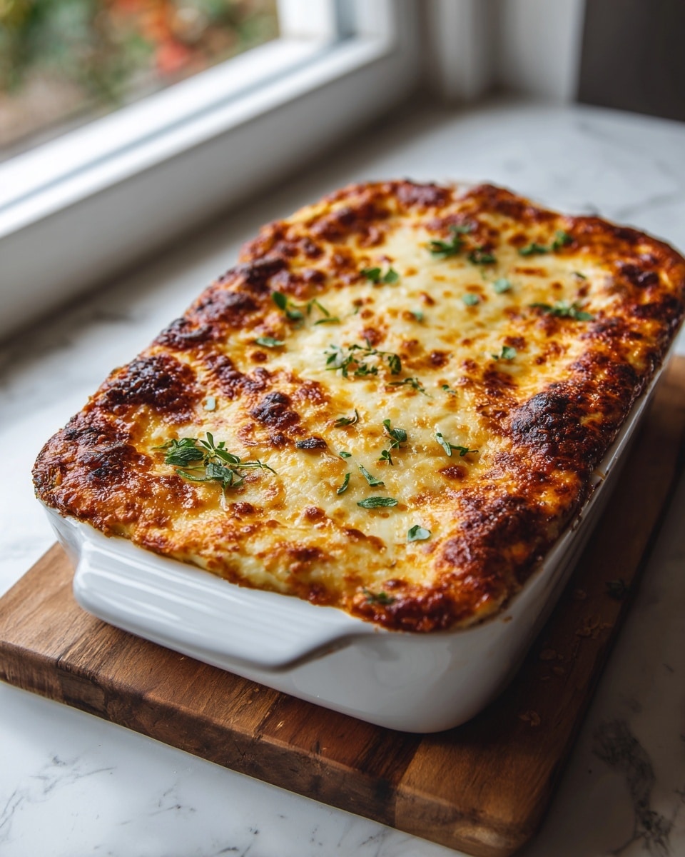 The dish is in a white rectangular baking dish with handles, placed on a wooden board over a white marbled surface. It has a golden brown top layer of melted cheese with small browned spots and a slightly crispy texture. Below the cheese, there is a thick layer of rich, dark red meat sauce visible around the edges, creating a dense and textured border. Fresh green herb sprigs are sprinkled on top, adding a pop of color and freshness against the warm tones of cheese and sauce. The photo is taken near a window with natural light softly illuminating the dish photo taken with an iphone --ar 4:5 --v 7