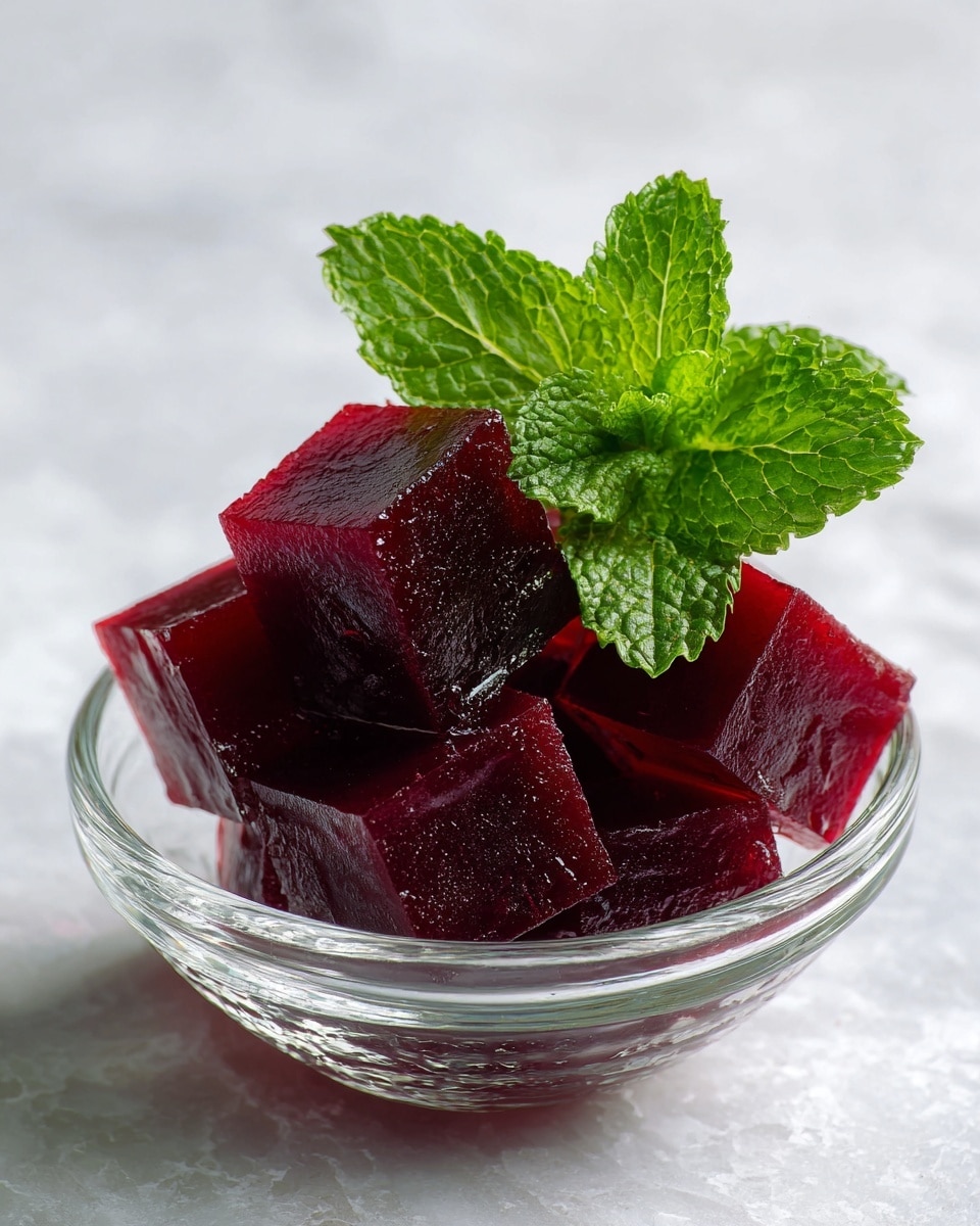 A clear glass bowl filled with bright red jelly cubes stacked unevenly, each cube smooth and shiny with light reflecting on their wet surfaces, topped with three fresh, vibrant green mint leaves that add a touch of freshness and color contrast, all placed on a white marbled surface photo taken with an iphone --ar 4:5 --v 7