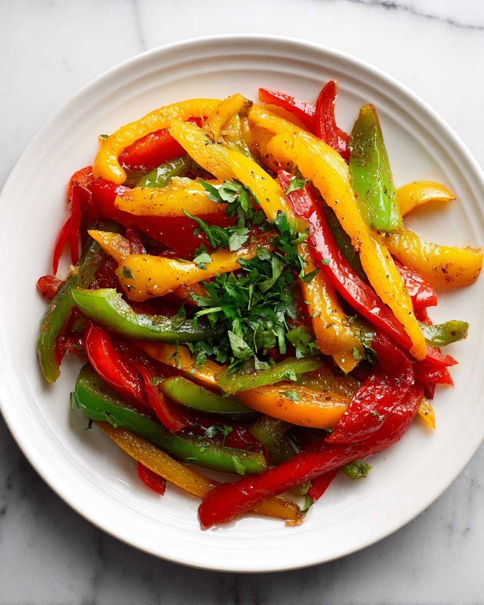 A white plate filled with a colorful stir-fry of sliced yellow, red, and green bell peppers mixed with cooked onions, all slightly browned and shiny from cooking. The vegetables are piled in the center of the plate, and there is a small bunch of fresh green cilantro leaves on top as garnish. The plate sits on a white marbled surface. photo taken with an iphone --ar 4:5 --v 7