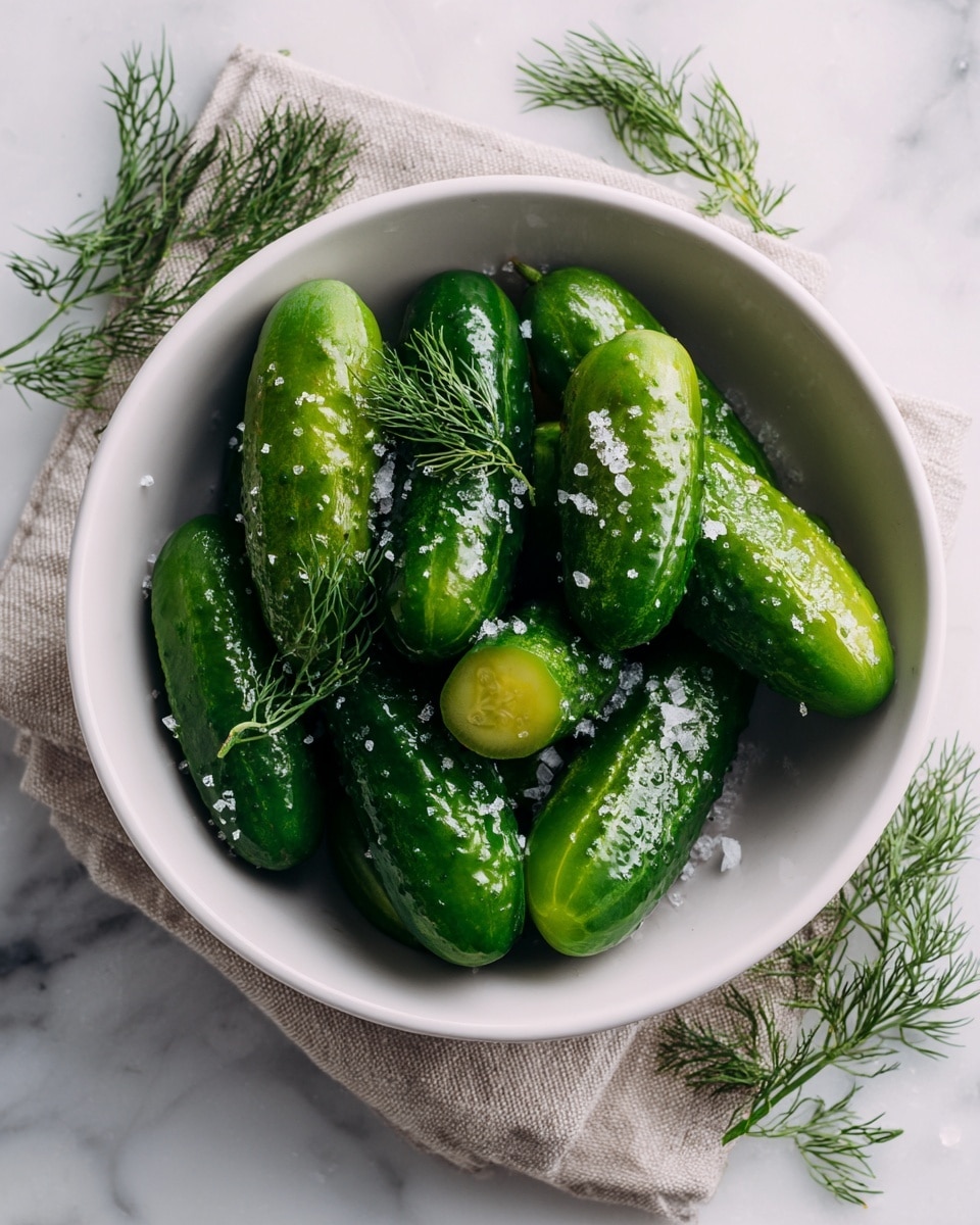 A white bowl filled with about ten whole pickles, some small and some medium-sized, arranged with a few cut pickles showing their pale green inside. The pickles are wet and shiny with a rough texture, and small pieces of fresh green dill are placed on and around them. The bowl sits on a white marbled surface with a light beige cloth next to it and more dill scattered nearby. photo taken with an iphone --ar 4:5 --v 7