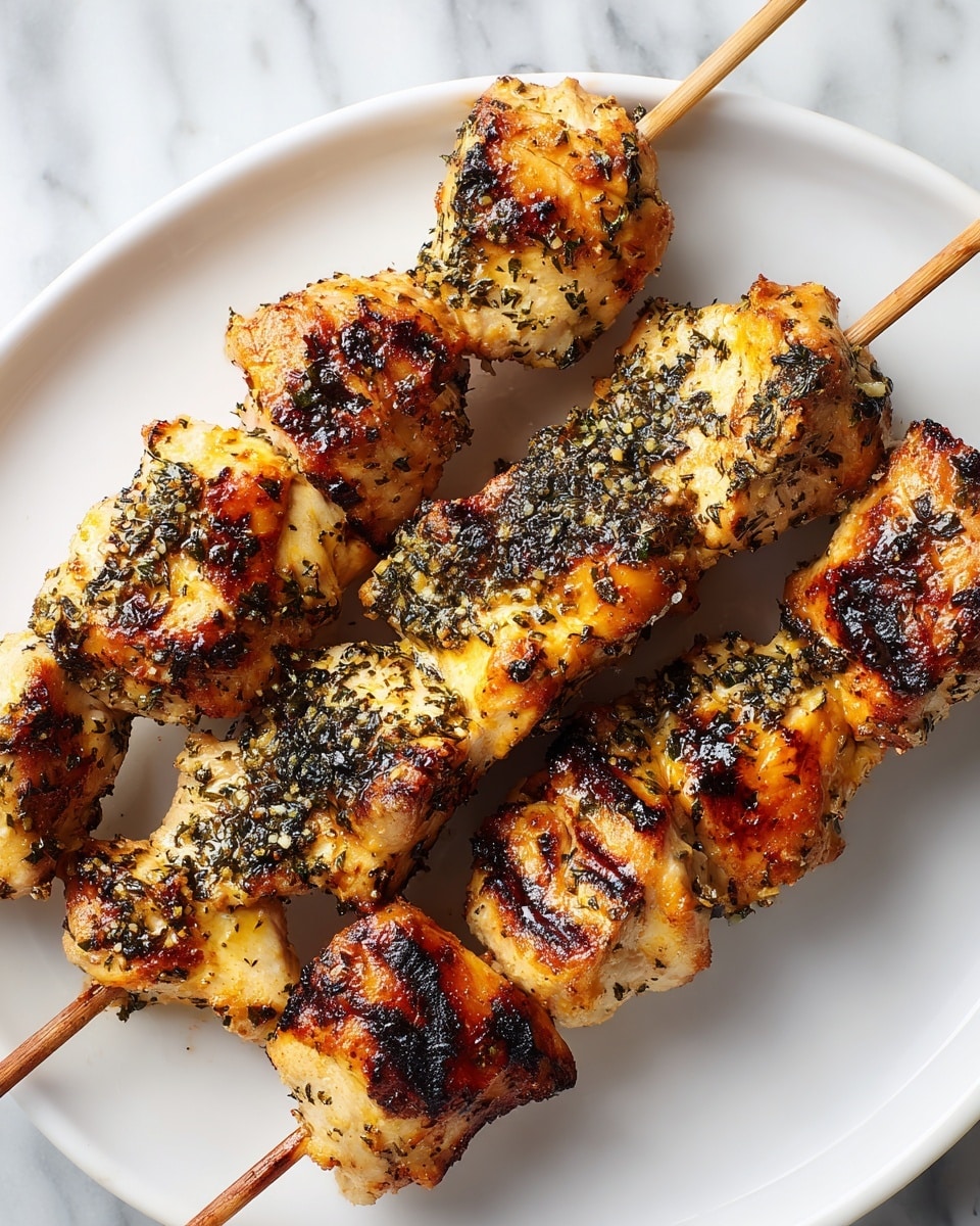 Four wooden skewers are loaded with grilled chicken pieces, each piece showing a mix of golden brown and white colors with charred dark brown spots. The chicken has a slightly rough texture with visible herbs and spices sprinkled on it. The skewers rest on a smooth, white plate with a green inner surface. The background is a clean white marbled texture. photo taken with an iphone --ar 4:5 --v 7