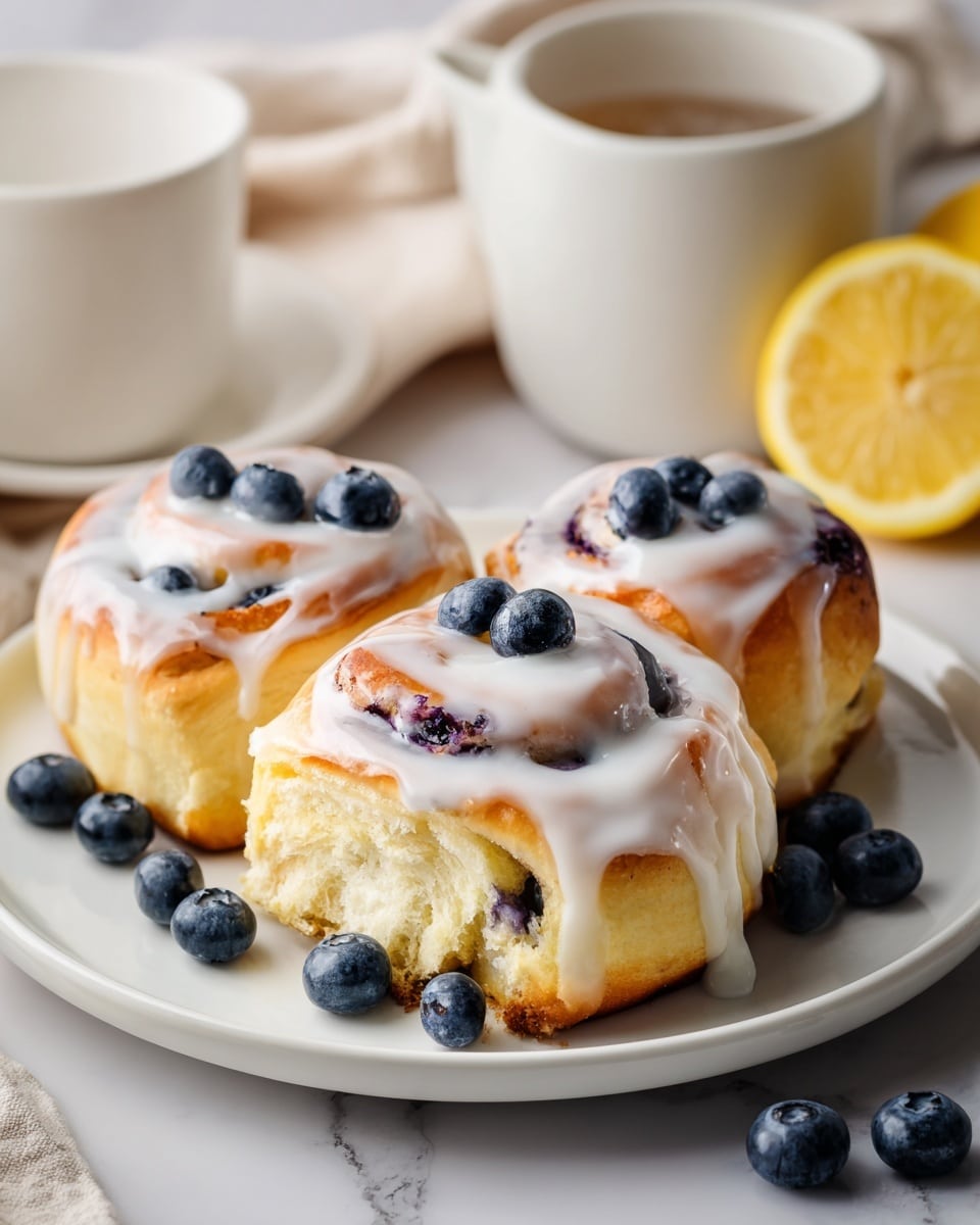 Three blueberry cinnamon rolls sit on a white plate placed on a white marbled surface. Each roll has a golden brown outer layer with visible soft, fluffy layers inside, swirled with dark purple blueberries. A thick white glaze covers the top of the rolls, dripping down the sides and pooling slightly on the plate. Fresh whole blueberries are scattered around the rolls on the plate. In the blurred background, there is a white cup and half of a lemon next to a beige cloth. photo taken with an iphone --ar 4:5 --v 7