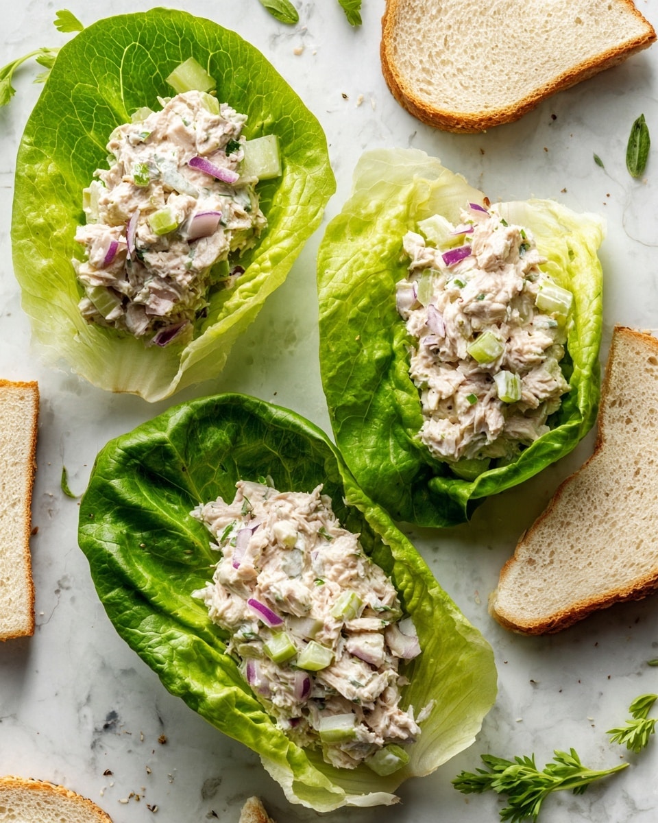Three leafy green lettuce cups are each filled with a mixture of shredded chicken, finely chopped celery, red onion, and small bits of herbs. The chicken filling is creamy white with green and purple specks, and the lettuce leaves are vibrant green with soft, ruffled edges, serving as natural bowls. Around the lettuce cups, slices of light beige toasted bread with soft centers are placed directly on a white marbled surface. The scene captures a fresh, healthy presentation with layers that contrast in color and texture, photo taken with an iphone --ar 4:5 --v 7
