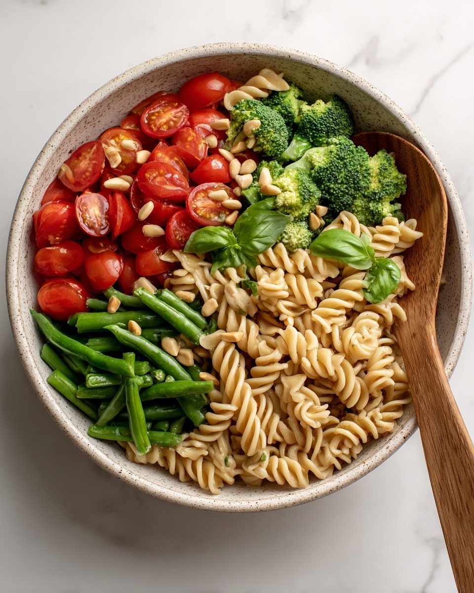 A deep white bowl with a brown rim holds a mixed pasta salad; the base layer is light beige spiral pasta, scattered with bright green broccoli florets, green beans, and thin spiraled zucchini noodles. Mixed in are small red cherry tomato halves and chopped fresh green basil leaves. A wooden spoon is placed inside the bowl, partially covered by the salad. The bowl sits on a white marbled surface with a soft grey cloth beneath it. photo taken with an iphone --ar 4:5 --v 7