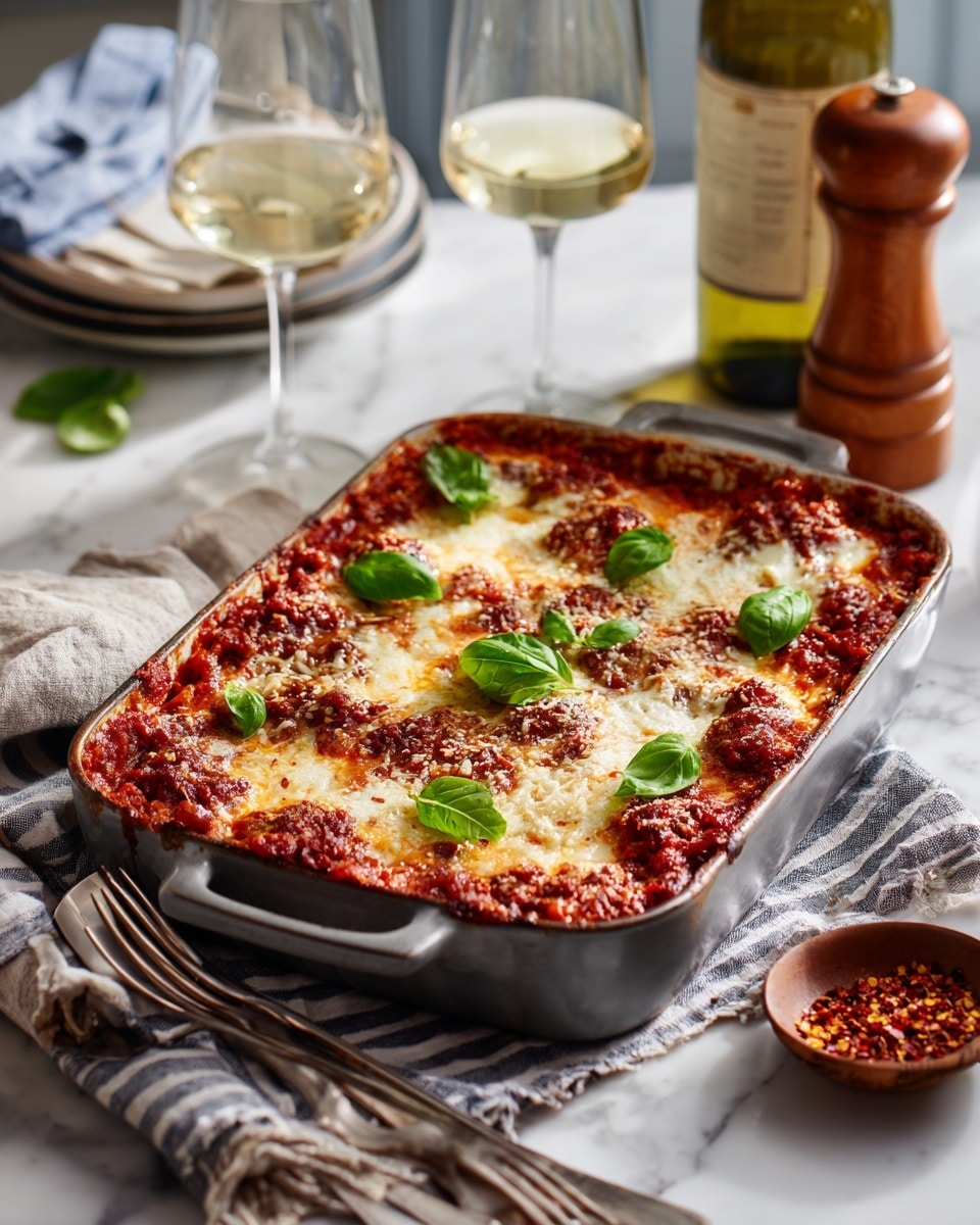 A rectangular gray baking dish sits on a white marbled surface, containing a layered lasagna. The top layer is melted, light golden cheese with fresh green basil leaves scattered across. Below the cheese, a rich red tomato sauce with bits of ground meat and pasta sheets can be seen around the edges. The dish rests on a blue and white checkered cloth. In the background, a woman’s arm wearing a light blue shirt is visible near a clear glass of white wine and a white plate. Nearby, there is a wooden pepper grinder, a clear bottle with yellow liquid, and metal fork and spoon close to the front. Photo taken with an iphone --ar 4:5 --v 7