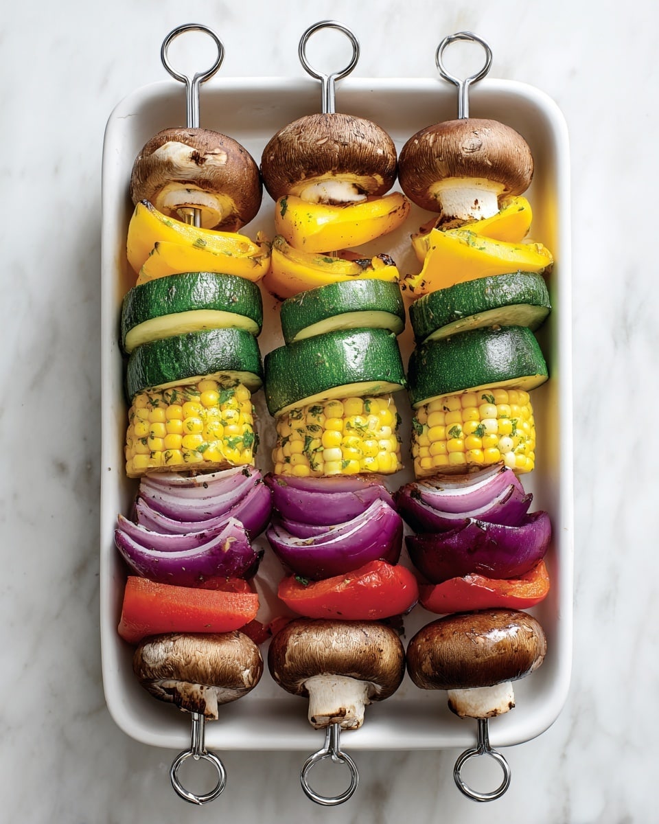 Four silver metal skewers with layers of vegetables lie side by side in a white rectangular dish with rounded corners. Each skewer starts with a brown mushroom cap on top, followed by alternating slices of yellow squash, green zucchini, yellow corn on the cob, green bell pepper pieces, red bell pepper pieces, and purple onion wedges. The colors alternate to create a bright mix of yellow, green, red, purple, and brown along each skewer. The dish rests on a white marbled surface. photo taken with an iphone --ar 4:5 --v 7