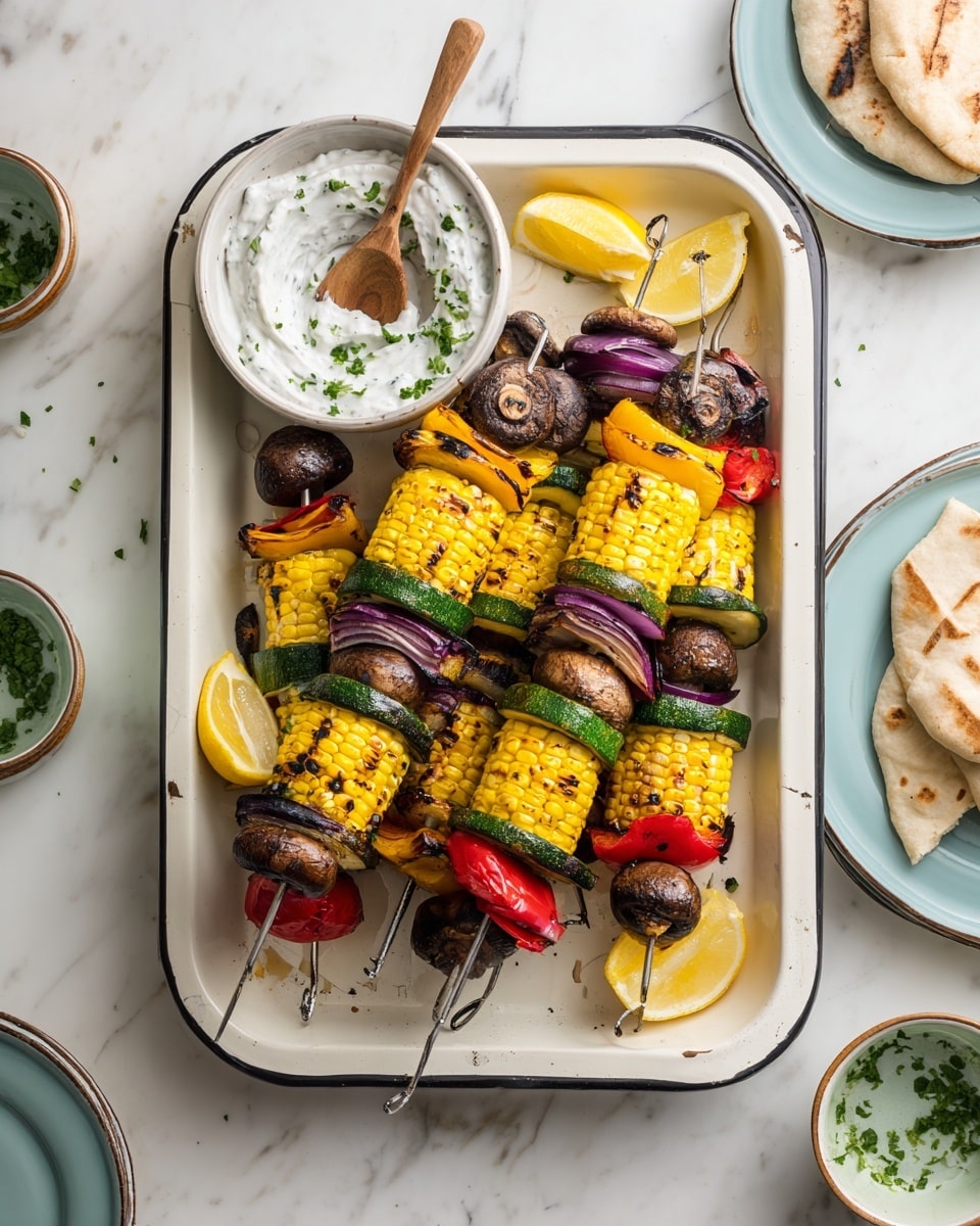 Four metal skewers lay on a white tray with a thin black rim, each filled with colorful grilled vegetables. Starting from the top, the first layer is a whole dark brown mushroom, followed by a slice of red bell pepper, then a thick grilled yellow corn round with some char marks, a green zucchini slice, a slice of yellow bell pepper, a ring of red onion, a slice of green bell pepper, and ending with a mushroom at the bottom. The other skewers follow a similar pattern with layers of mushrooms, corn, zucchini, bell peppers in red, yellow, and green colors, and onions, all showing some light grill charring. Lemon wedges are placed around the skewers on the tray. A small white bowl with a green herb sauce and a wooden spoon rests at the corner of the tray. The background is a white marbled surface, with parts of flatbreads and bowls holding sauces visible around the tray. photo taken with an iphone --ar 4:5 --v 7