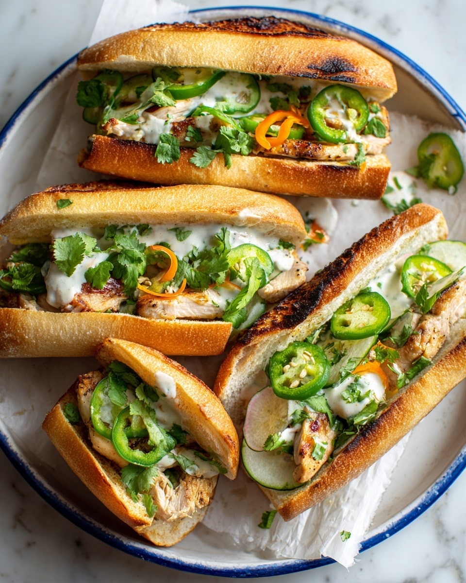 The image shows three sandwiches placed closely together on a white plate with a blue rim, lined with white parchment paper, all set on a white marbled surface. Each sandwich is made with a golden-brown crispy baguette split open to reveal layers inside. The bottom layer consists of grilled pieces of chicken with a light char, topped with thin slices of bright orange and white pickled vegetables, fresh green cilantro leaves, thinly sliced green jalapeños, and a drizzle of creamy white sauce and bright red chili sauce. A glass jar with a pale yellow spread is in the corner, and a small bowl with pickled vegetables sits nearby. The overall look is fresh, colorful, and vibrant. Photo taken with an iphone --ar 4:5 --v 7