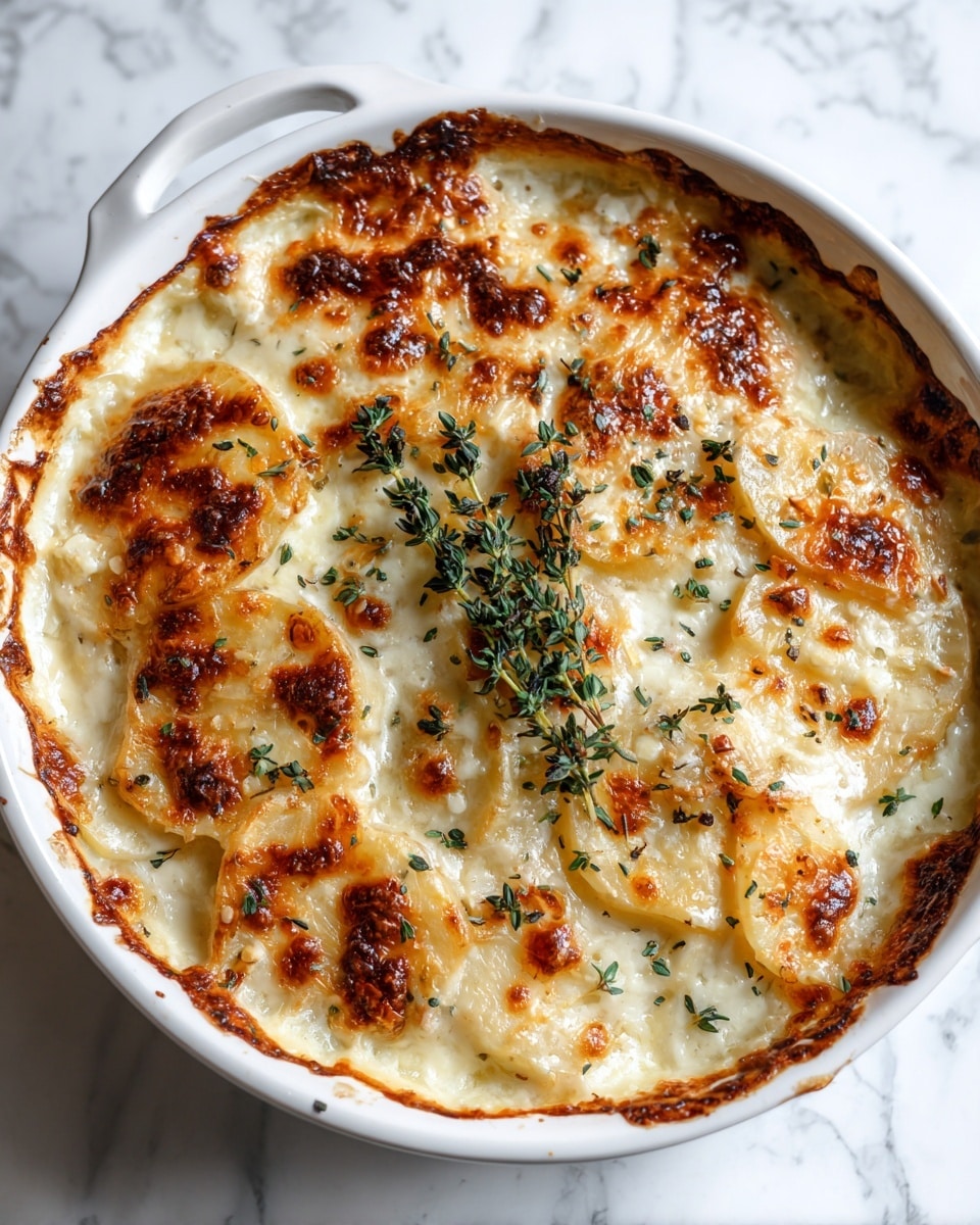 The dish is a baked casserole in a white round ceramic dish with scalloped edges. The top layer is golden brown melted cheese with darker toasted spots, sprinkled evenly with small green herb pieces. Below the cheese, a creamy sauce with hints of mushrooms and a rich texture can be seen around the edges. The dish sits on a white marbled surface, with natural light casting soft shadows. photo taken with an iphone --ar 4:5 --v 7