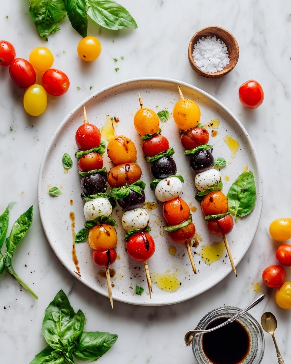 The image shows a white plate filled with eight skewers, each with four layers: at the bottom a cherry tomato (red, yellow, or dark purple), followed by green fresh basil leaves, then a small white mozzarella ball, and topped by another cherry tomato matching the bottom color. The skewers are arranged neatly and lightly drizzled with olive oil and balsamic vinegar drops. Around the plate are fresh basil leaves, a cluster of red and yellow cherry tomatoes on stems, a small wooden bowl with salt, and a small glass bowl with balsamic vinegar and a spoon. The whole setting is on a white marbled surface. photo taken with an iphone --ar 4:5 --v 7