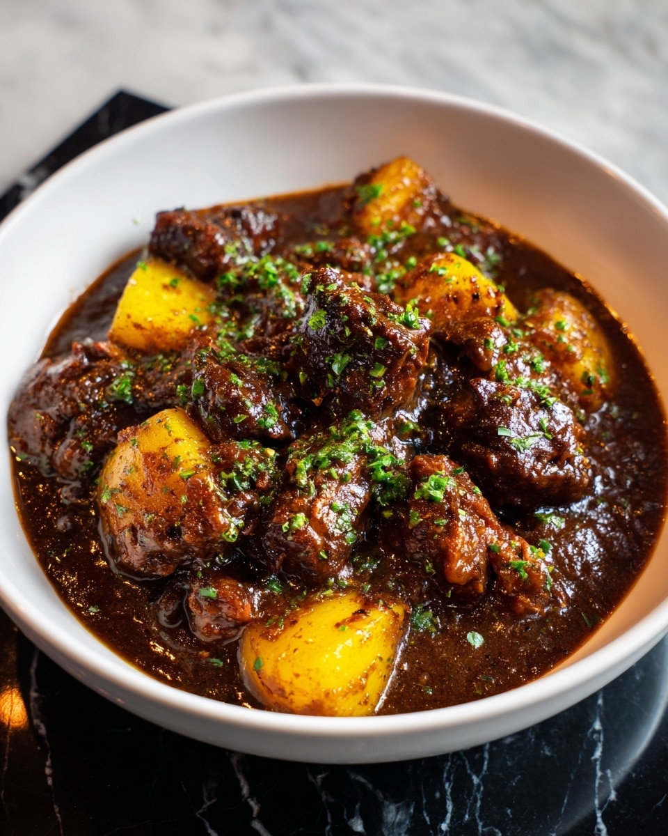 A close-up of a black round bowl filled with dark brown chunks of cooked meat mixed with golden yellow potato pieces. The meat pieces have a slightly glossy texture, showing small bits of seasoning, and the potatoes are soft with a hint of herbs. Both are sprinkled generously with finely chopped green herbs, adding a fresh color contrast. The bowl is placed on a shiny black surface, with a dark blurred background making the dish stand out. photo taken with an iphone --ar 4:5 --v 7