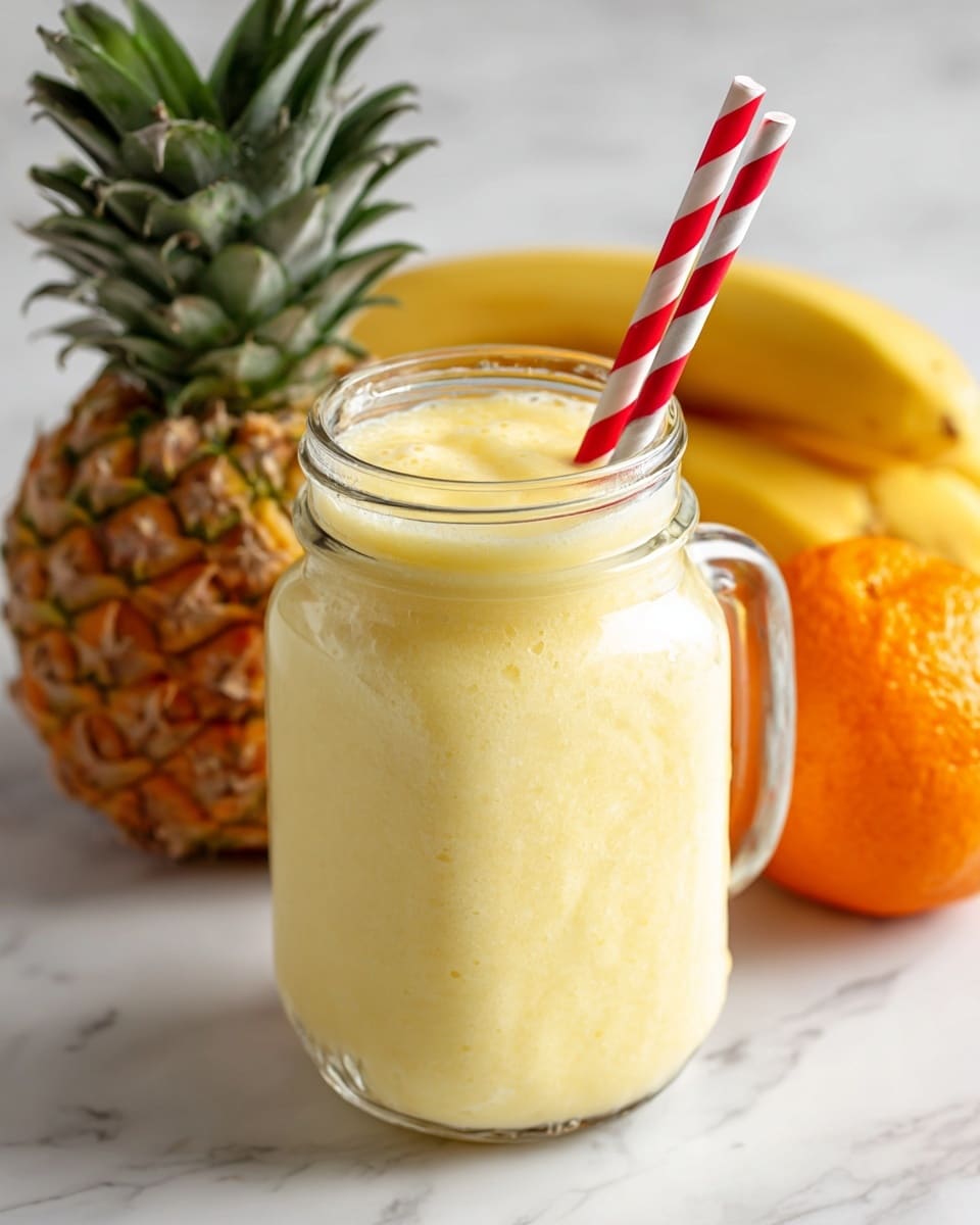 A clear glass jar with a handle is filled with a thick, light yellow smoothie. A red and white striped paper straw sticks out from the jar. Behind the jar, on a wooden board, there is a bright yellow peeled pineapple with some brown spots on top, an orange, and a yellow banana. The background is a white marbled texture. photo taken with an iphone --ar 4:5 --v 7