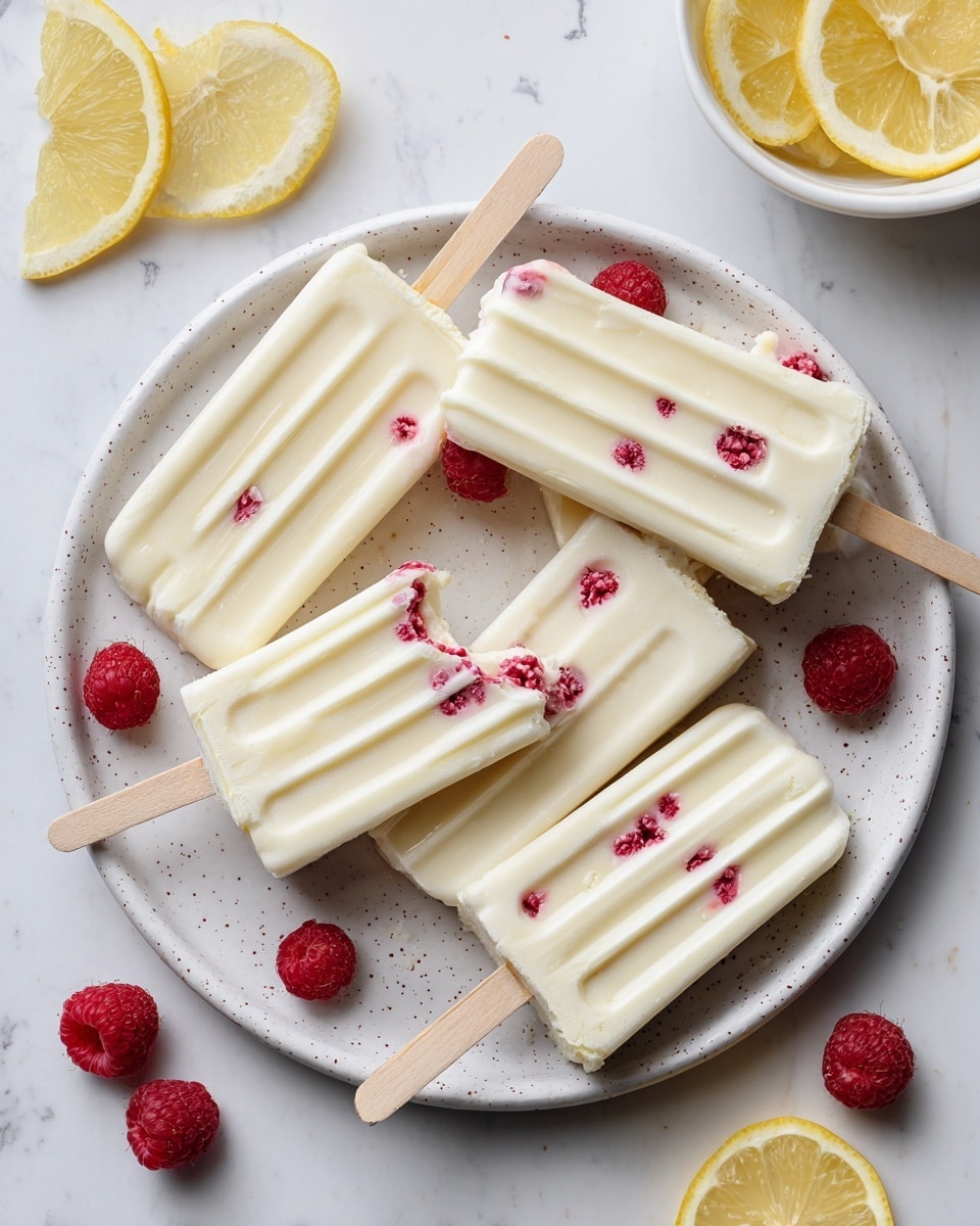 The image shows five creamy white popsicles with small red raspberry bits inside, laid out on a white plate with speckles, sitting on a white marbled surface. One popsicle in the front has a bite taken from its corner, revealing the smooth texture inside with raspberry pieces. Thin wooden sticks hold each popsicle. Around the plate are a few slices of bright yellow lemon and some whole raspberries, adding color contrast. The popsicles have a soft, slightly uneven texture with vertical ridges on the sticks’ side facing the viewer. Photo taken with an iphone --ar 4:5 --v 7