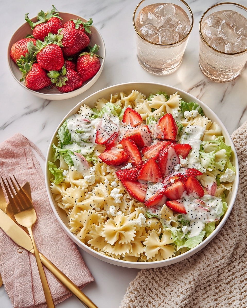 A large white bowl filled with a layered salad shows a base of light yellow bow-tie pasta mixed with green lettuce pieces. Topping the pasta are vibrant red sliced strawberries scattered evenly, creamy white dressing with visible black poppy seeds drizzled across the salad, and some small chunks of white cheese sprinkled throughout. Next to the bowl, a smaller white bowl holds whole fresh strawberries. The whole scene is set on a white marbled surface with a beige textured cloth under two clear glasses filled with sparkling water and ice cubes. A soft pink napkin holds gold flatware to the left side of the main bowl. photo taken with an iphone --ar 4:5 --v 7