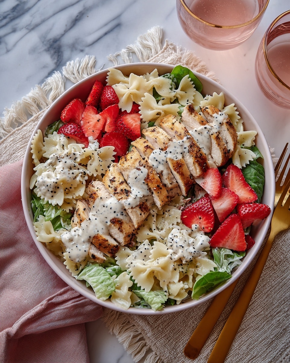 A white bowl sits on a white marbled surface, filled with three layers: the bottom layer is pale bowtie-shaped pasta mixed with pieces of green lettuce and sliced red strawberries, speckled with black poppy seeds; on top of that, there is a layer of golden-brown grilled chicken slices arranged neatly in rows; the final layer is a creamy, white dressing dotted with black poppy seeds drizzled over the chicken and pasta. A gold fork rests inside the bowl on the right side, and a peach cloth napkin lies beside the bowl to the left. Photo taken with an iphone --ar 4:5 --v 7