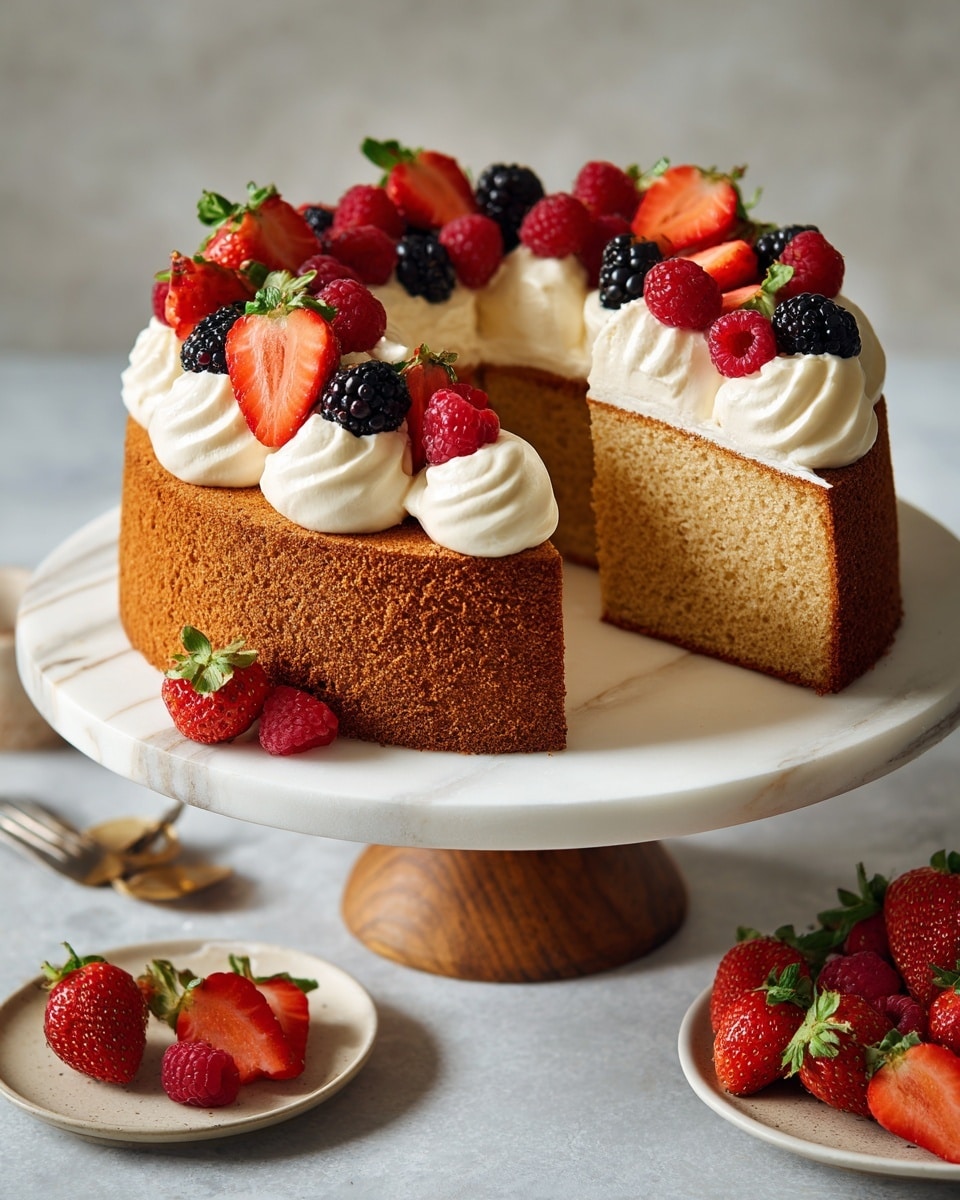 A tall, round cake with a light golden brown textured sponge forming a thick outer layer. The top layer features evenly spaced dollops of white whipped cream around the edge, each topped with a mix of fresh red strawberries, red raspberries, and dark blackberries, some whole and some sliced in half showing bright red interiors. A large slice has been removed, revealing the inside which is soft, fluffy, and pale yellow. The cake stands on a white marbled cake stand with a wooden base. The background has a white marbled texture, and scattered fresh strawberries are seen off to the side. Photo taken with an iphone --ar 4:5 --v 7