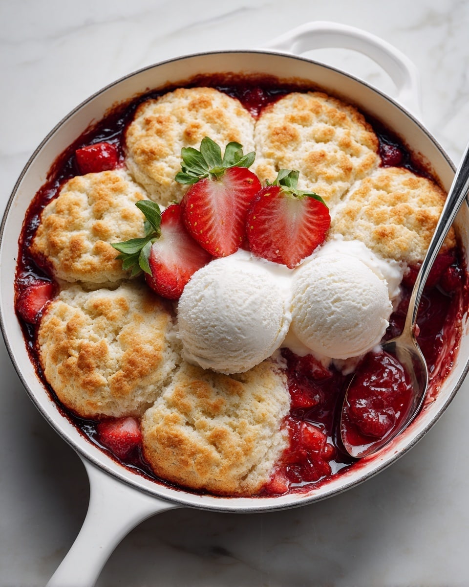 A round deep baking dish holds a warm strawberry cobbler with a golden, crumbly top layer divided into irregular large pieces. Below the cracked crust, bright red cooked strawberries with syrup peek through. Two scoops of creamy, pale yellow ice cream sit on top near the center, surrounded by three fresh halved strawberries with green leaves. A metal spoon is scooping out a portion from the top left, showing the soft red filling and crust. The dish rests on a white marbled surface. Photo taken with an iphone --ar 4:5 --v 7